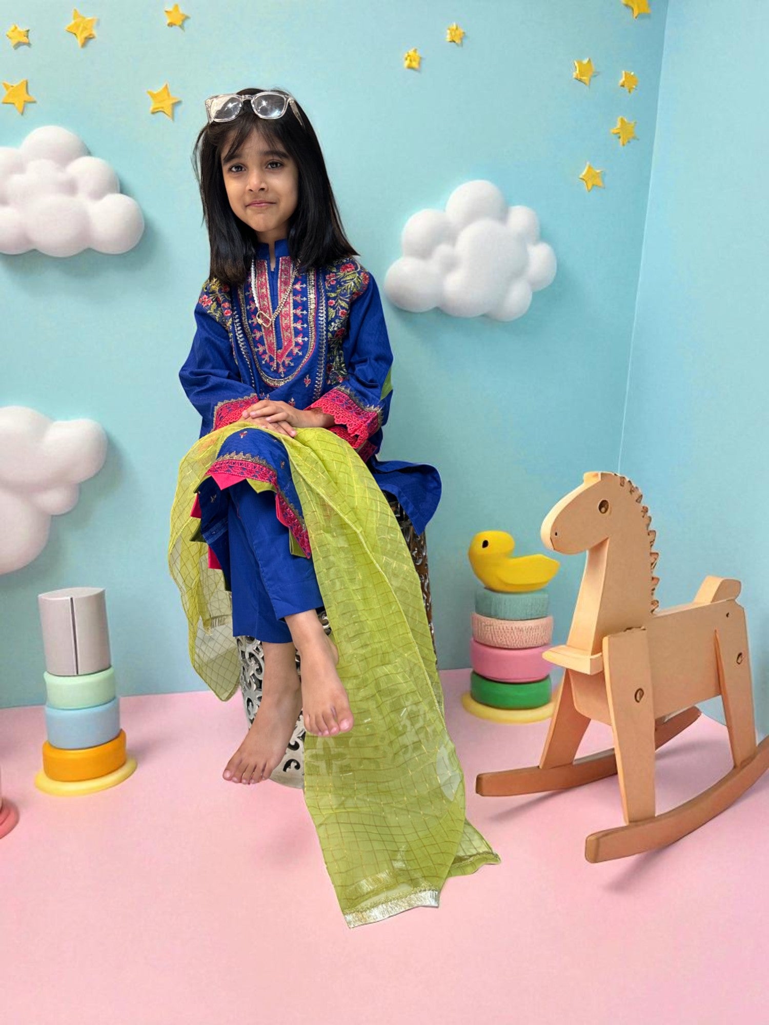 Royal Blue Embroidered 3 Piece Suit with Green Dupatta | Kids | KZ006