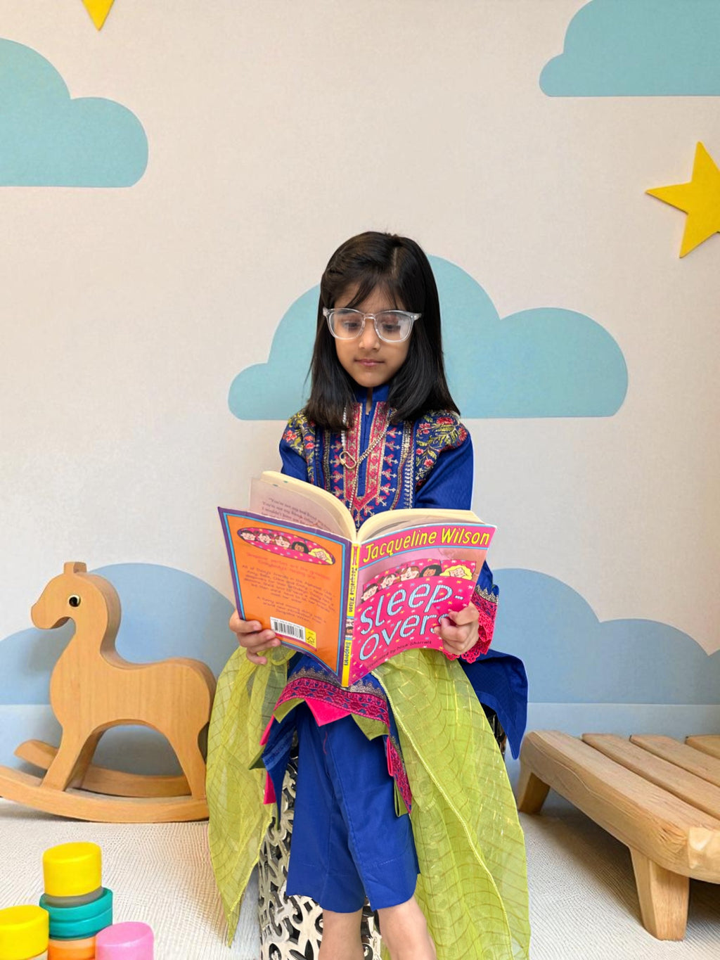 Royal Blue Embroidered 3 Piece Suit with Green Dupatta | Kids | KZ006