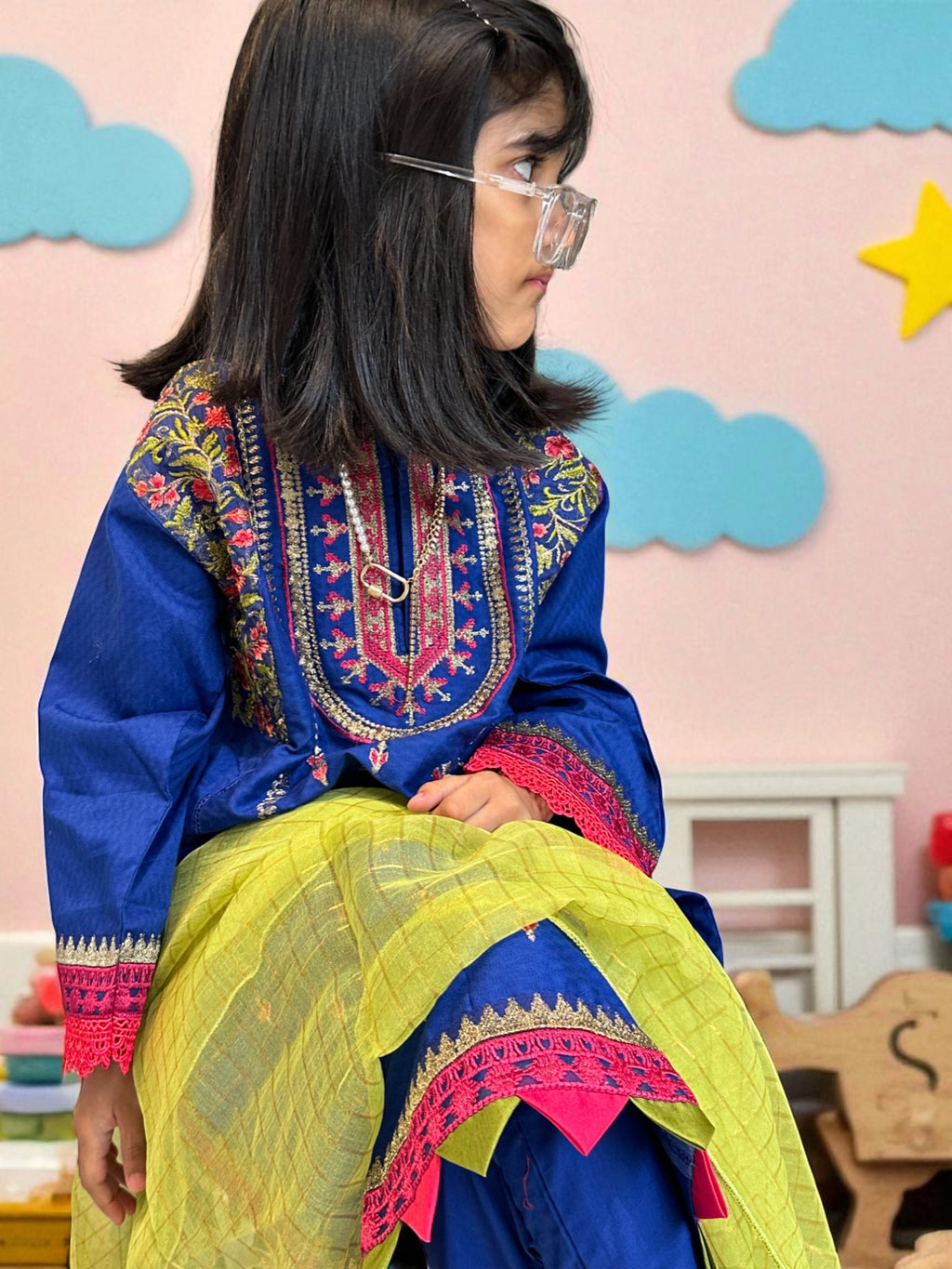 Royal Blue Embroidered 3 Piece Suit with Green Dupatta | Kids | KZ006
