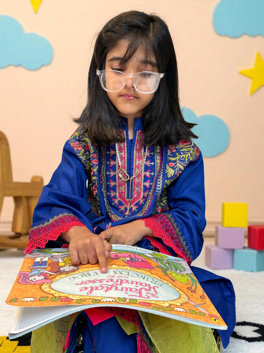 Royal Blue Embroidered 3 Piece Suit with Green Dupatta | Kids | KZ006