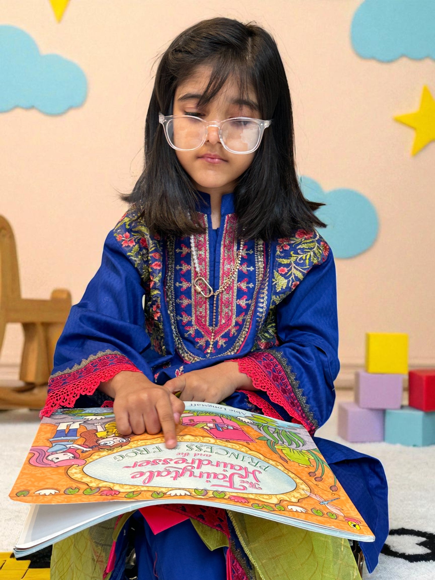 Royal Blue Embroidered 3 Piece Suit with Green Dupatta | Kids | KZ006