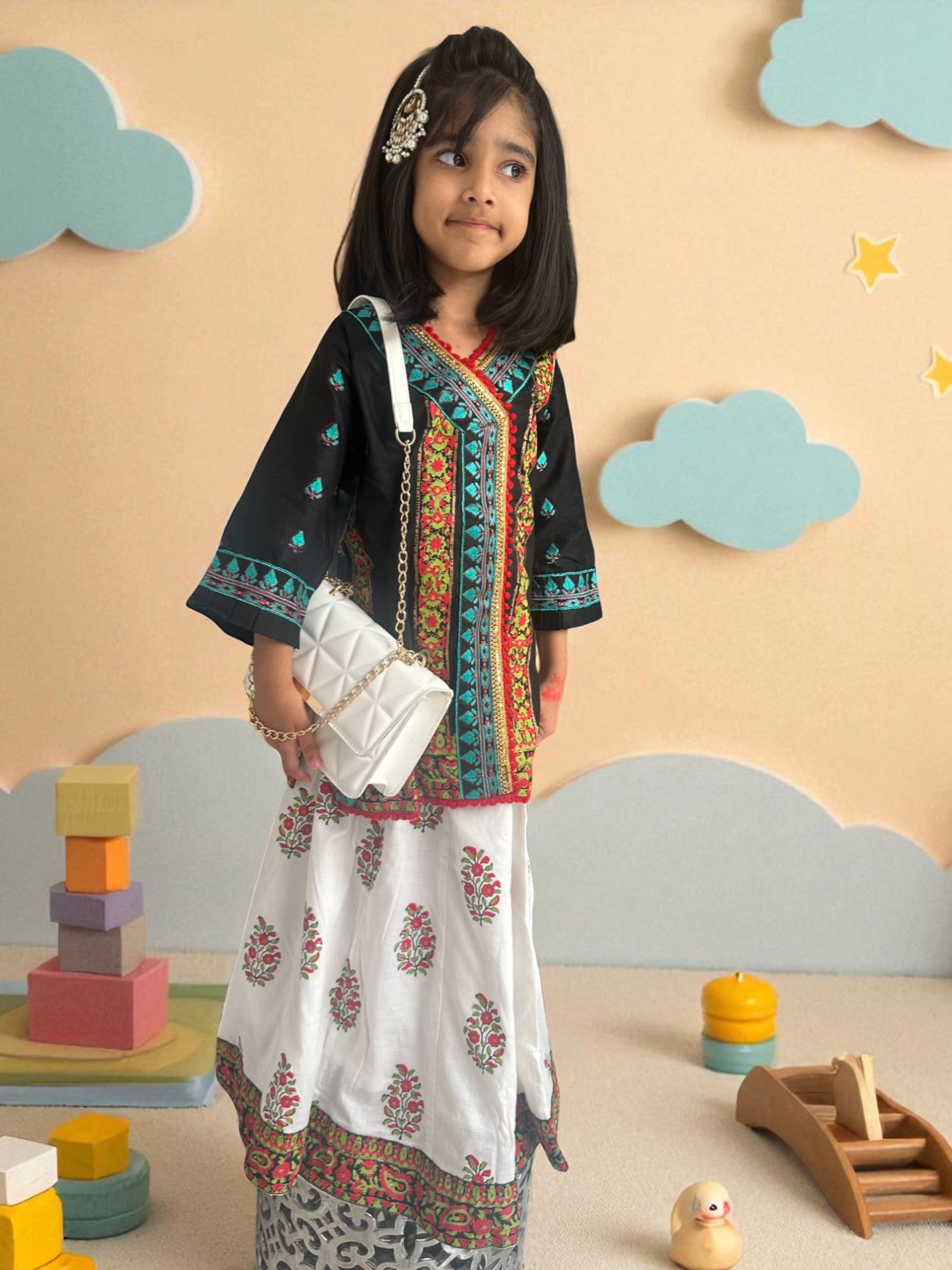 Black & White 3 Piece Embroidered Suit with Block Print Lengha | Kids | KZ007