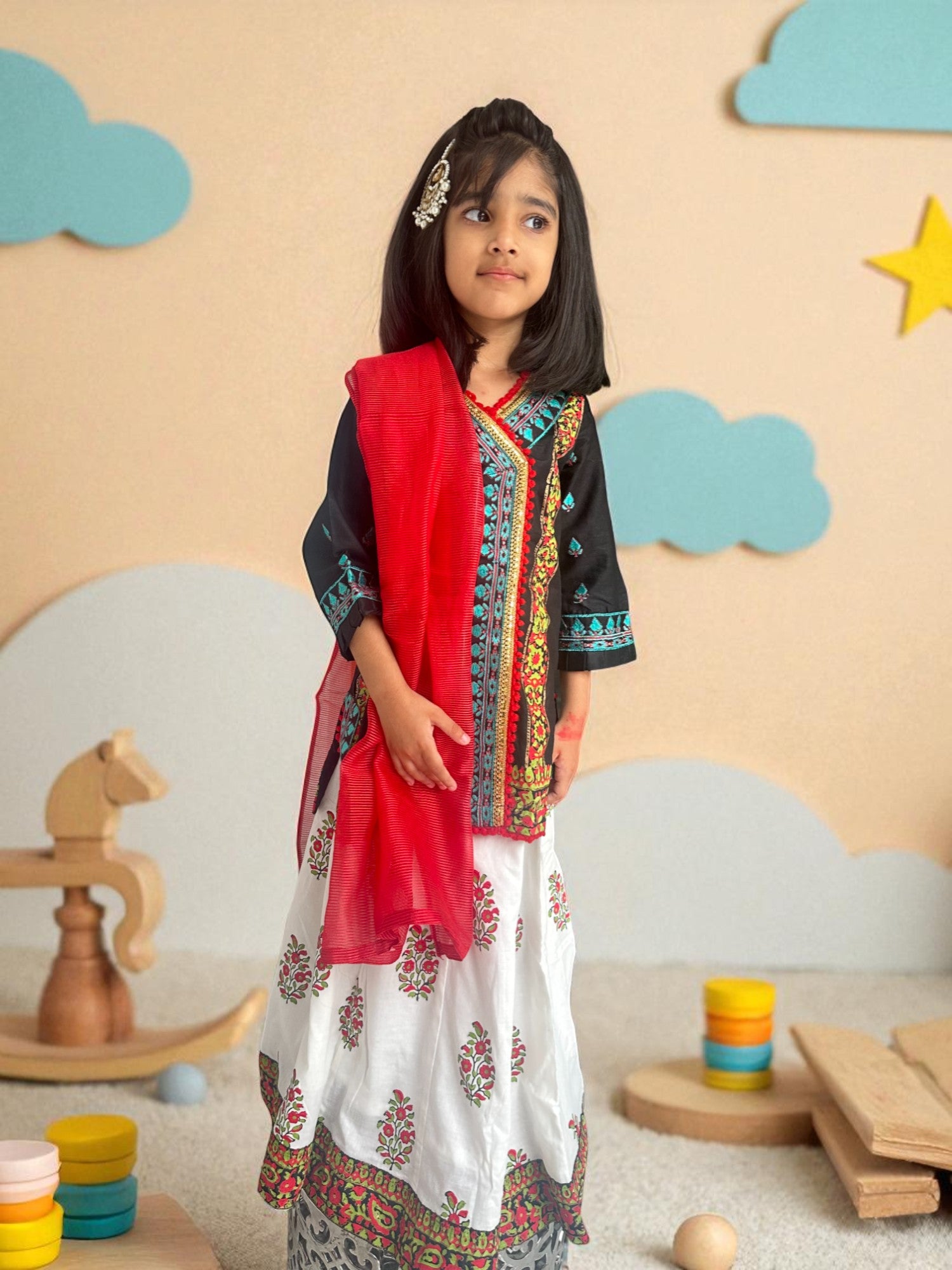 Black & White 3 Piece Embroidered Suit with Block Print Lengha | Kids | KZ007