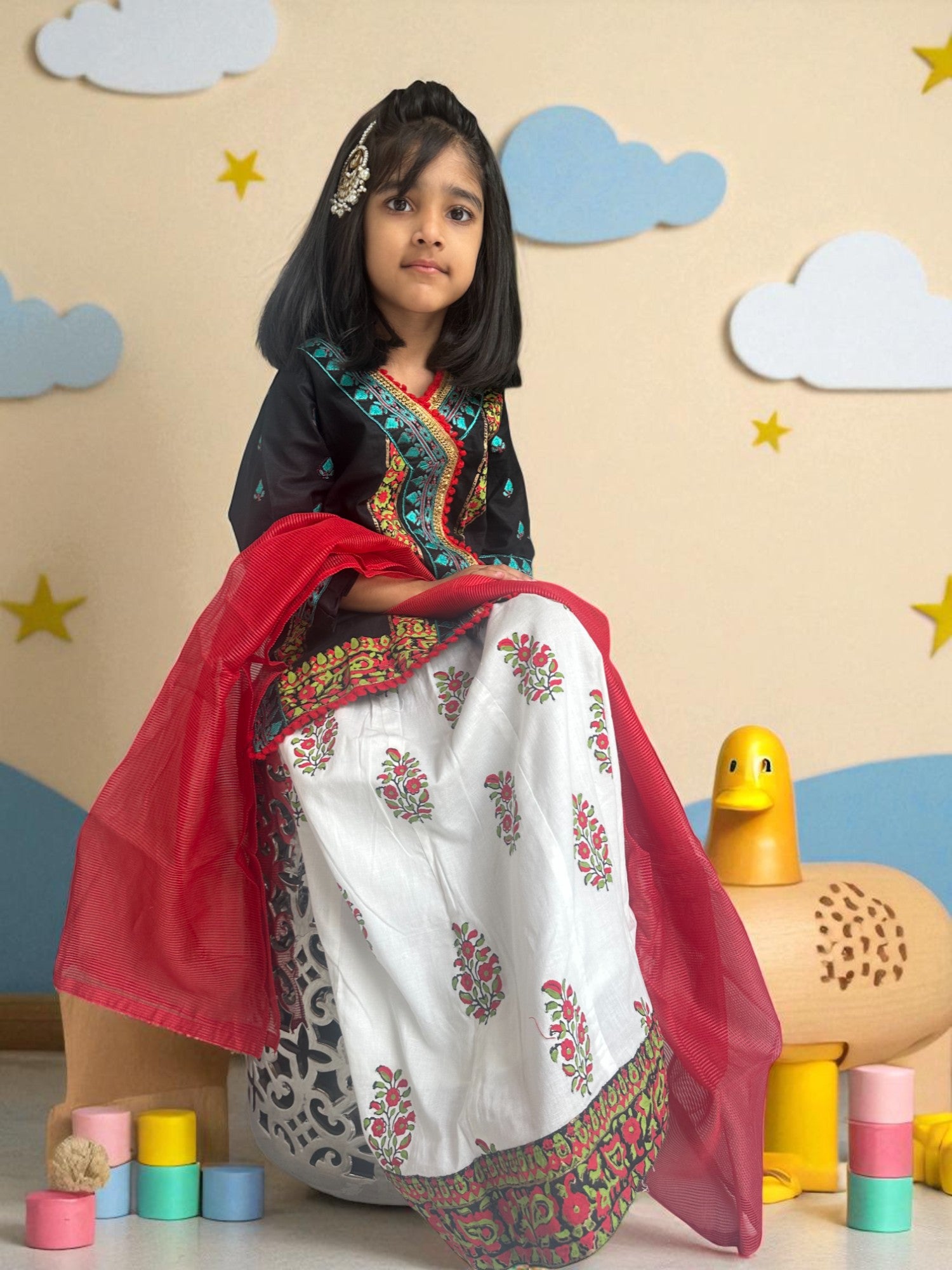Black & White 3 Piece Embroidered Suit with Block Print Lengha | Kids | KZ007