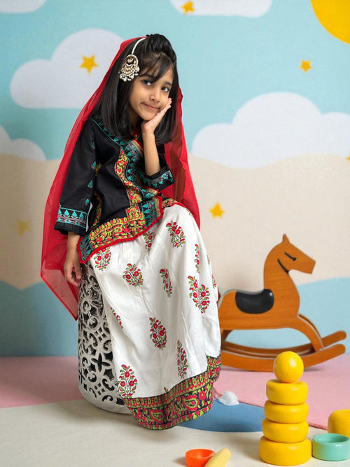 Black & White 3 Piece Embroidered Suit with Block Print Lengha | Kids | KZ007