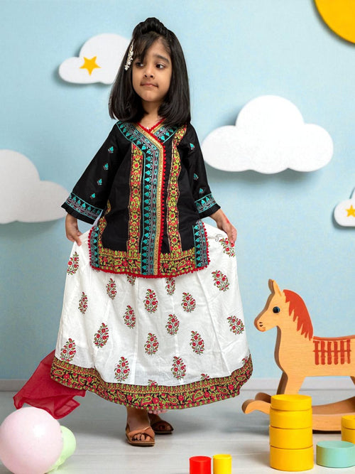 Black & White 3 Piece Embroidered Suit with Block Print Lengha | Kids | KZ007