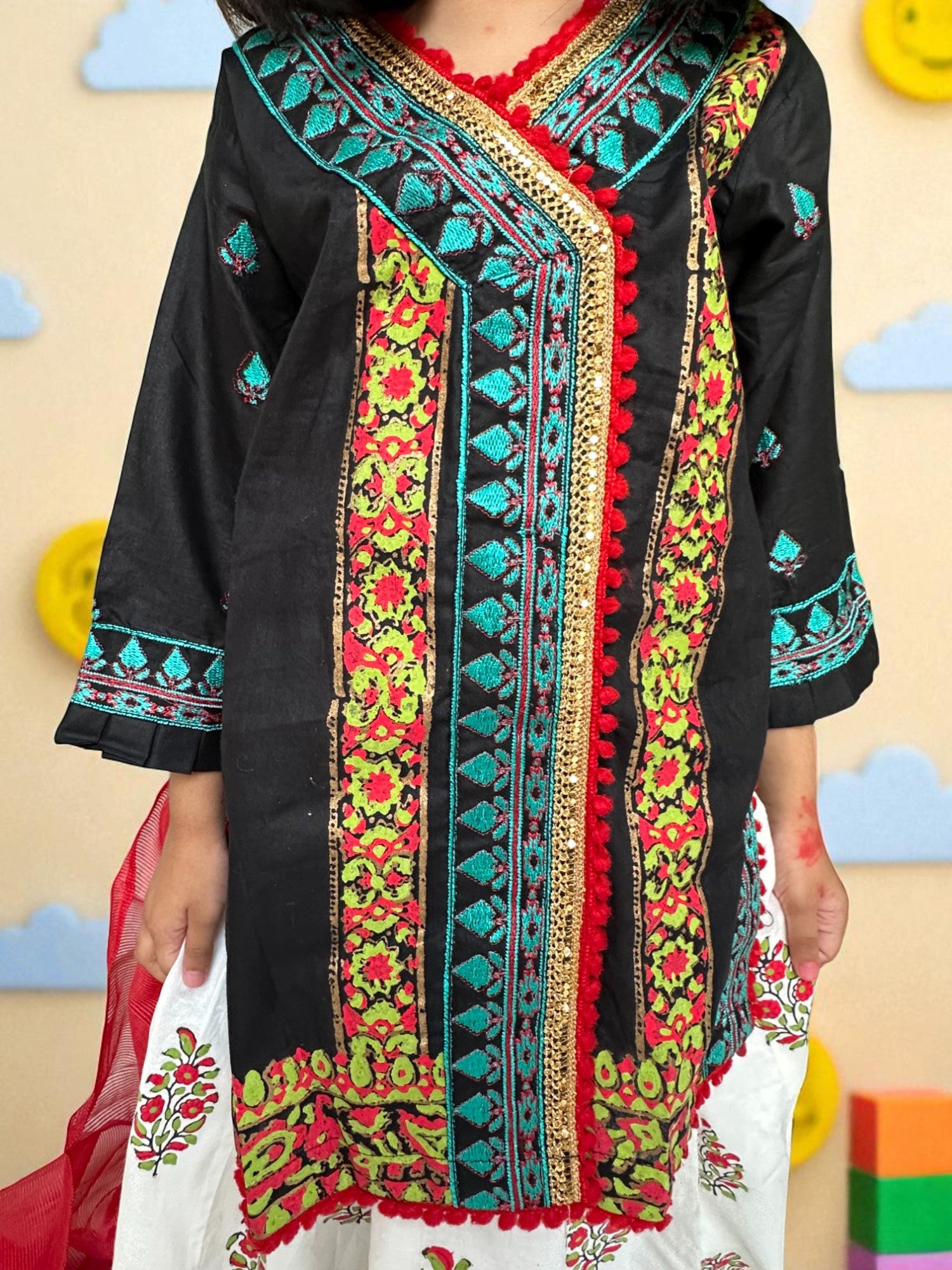 Black & White 3 Piece Embroidered Suit with Block Print Lengha | Kids | KZ007