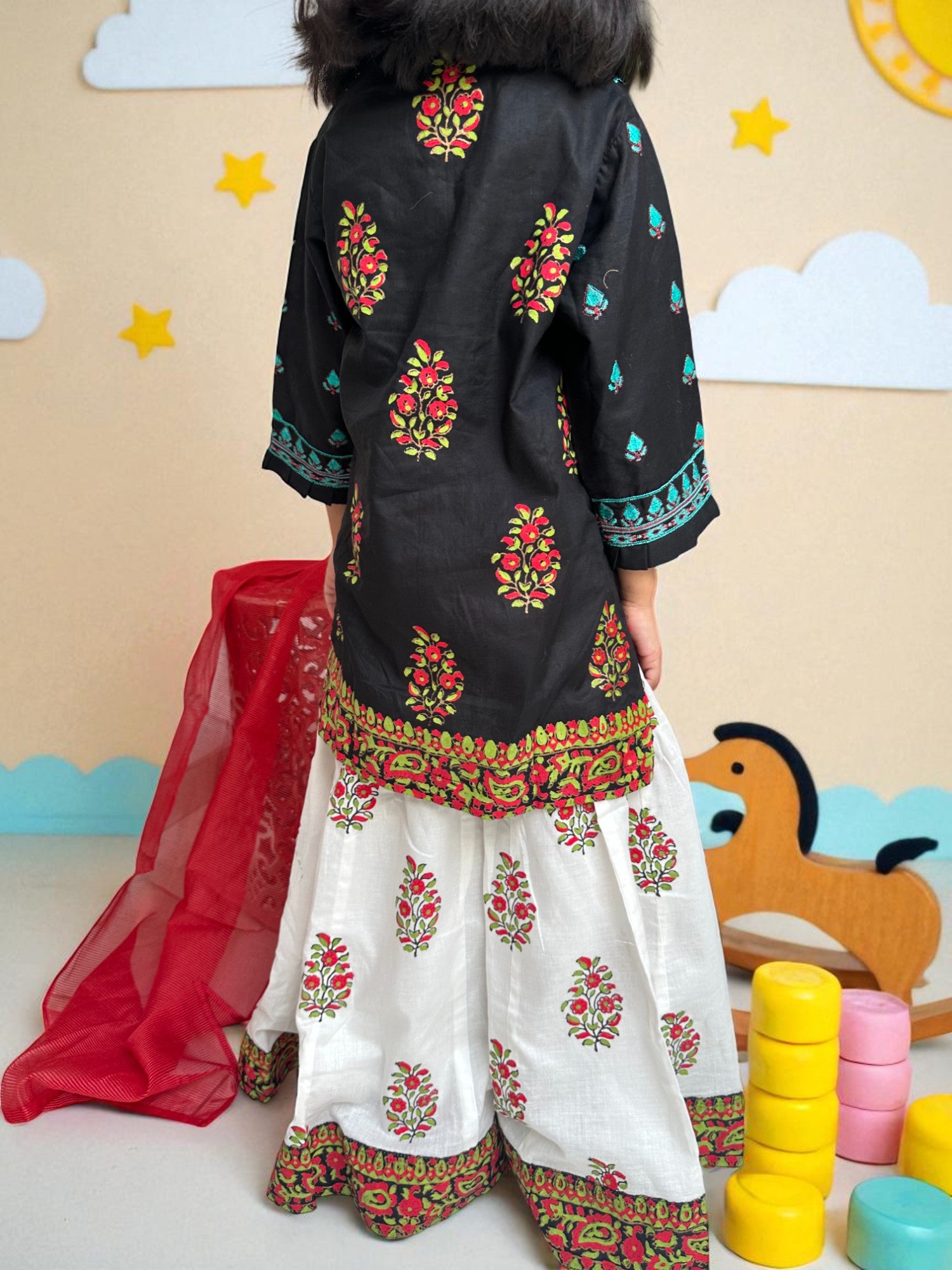 Black & White 3 Piece Embroidered Suit with Block Print Lengha | Kids | KZ007
