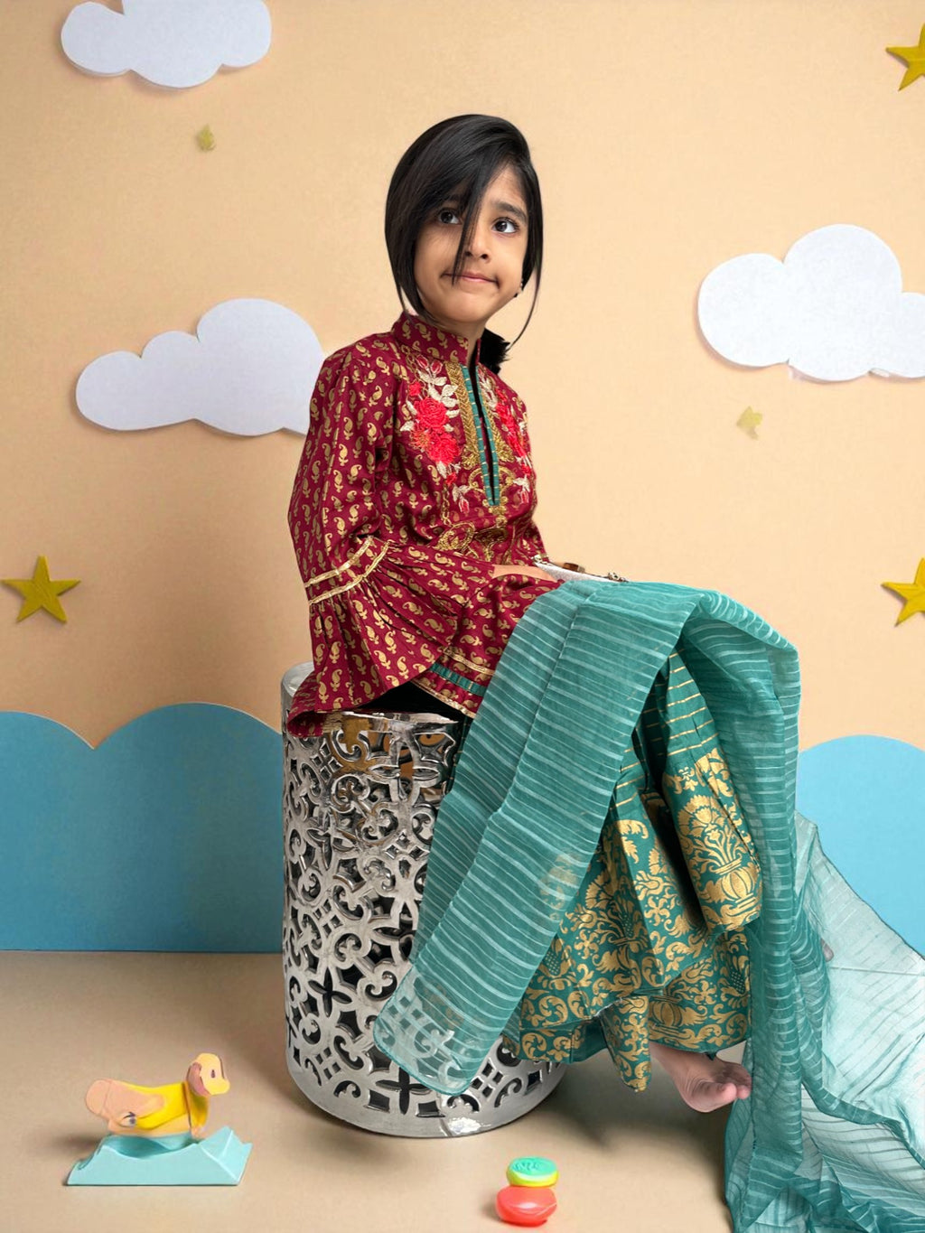 Maroon & Teal 3 Piece Embroidered Gharara Suit | Kids | KZ008