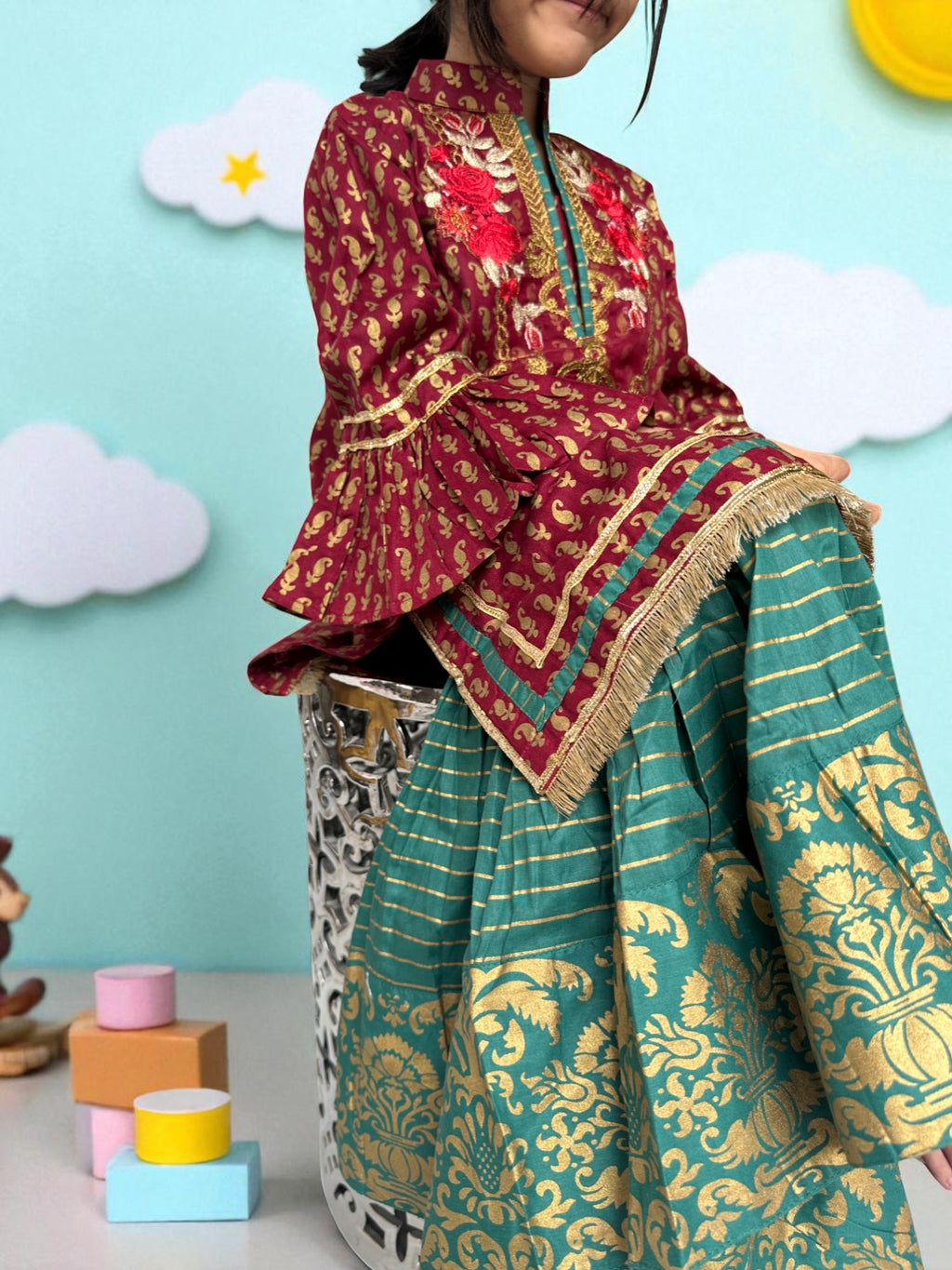 Maroon & Teal 3 Piece Embroidered Gharara Suit | Kids | KZ008