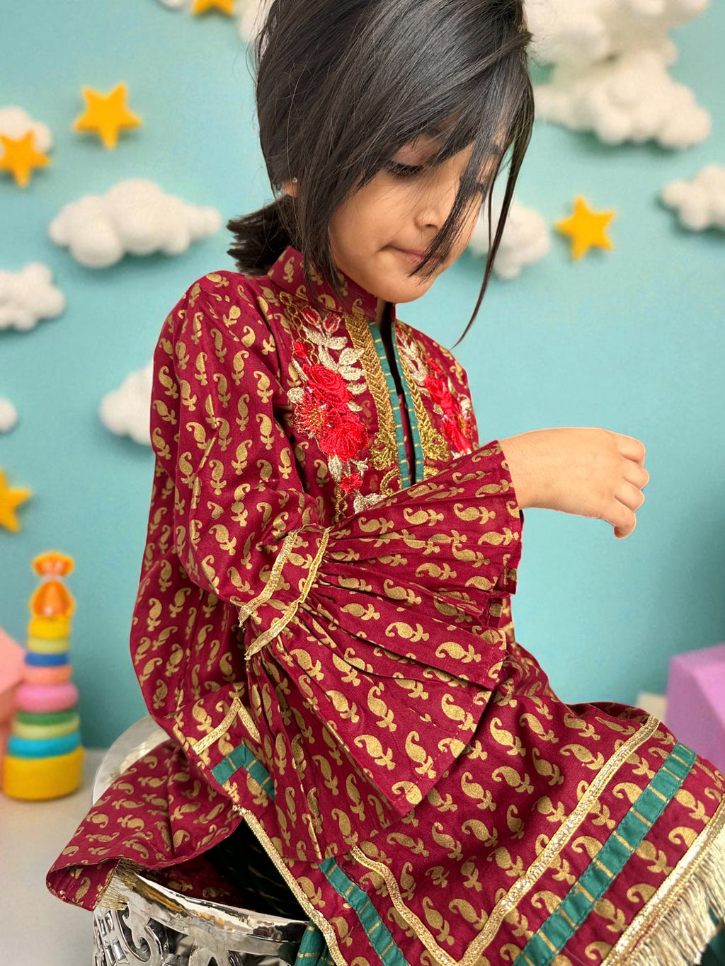 Maroon & Teal 3 Piece Embroidered Gharara Suit | Kids | KZ008