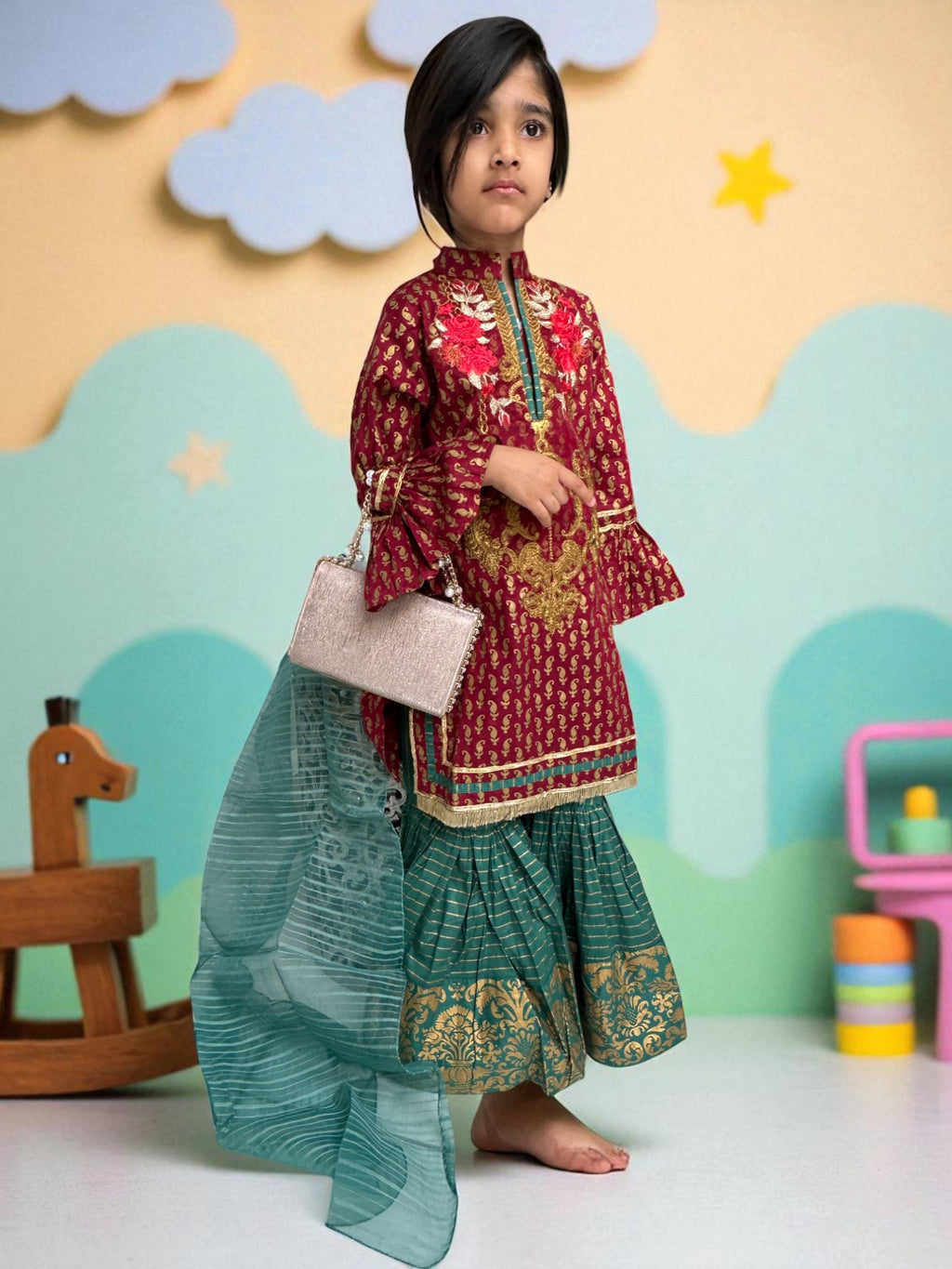 Maroon & Teal 3 Piece Embroidered Gharara Suit | Kids | KZ008
