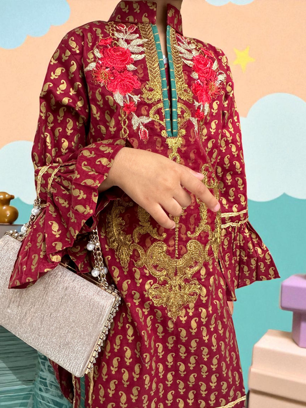 Maroon & Teal 3 Piece Embroidered Gharara Suit | Kids | KZ008