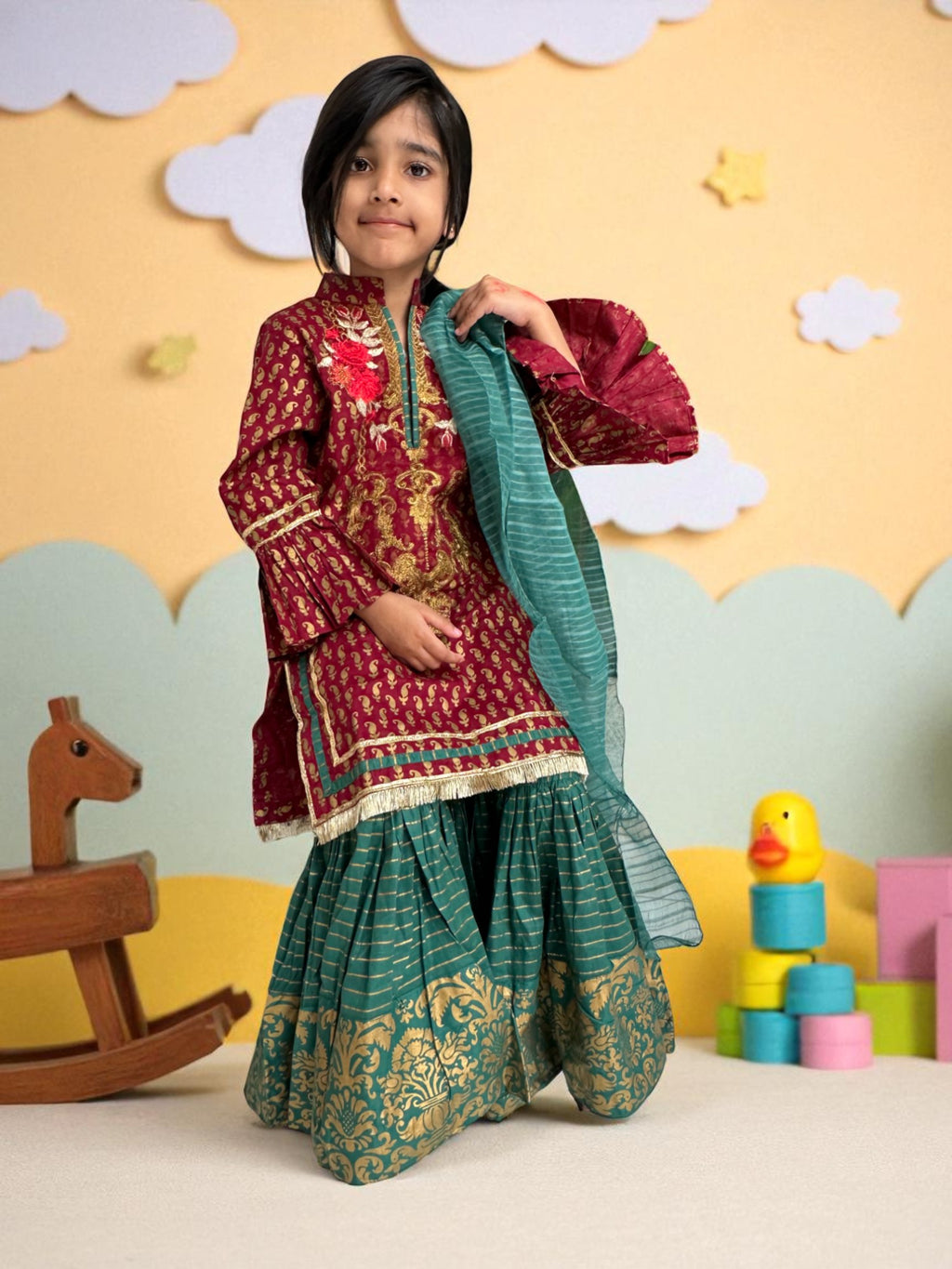 Maroon & Teal 3 Piece Embroidered Gharara Suit | Kids | KZ008