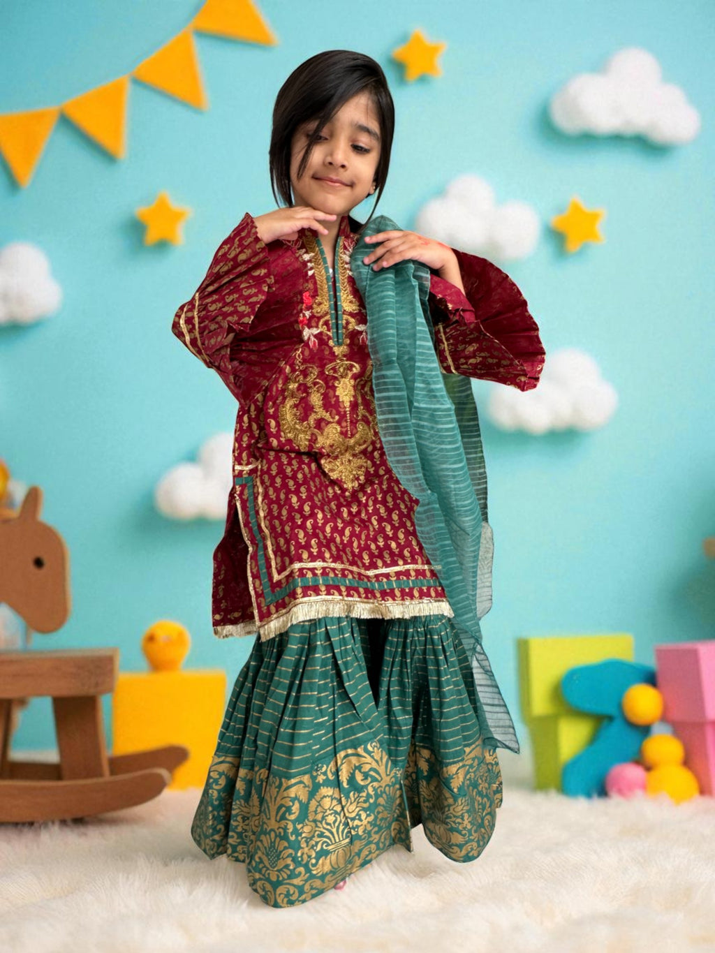 Maroon & Teal 3 Piece Embroidered Gharara Suit | Kids | KZ008