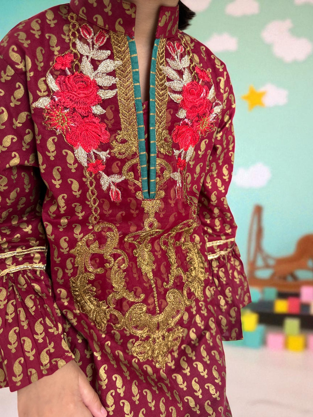 Maroon & Teal 3 Piece Embroidered Gharara Suit | Kids | KZ008