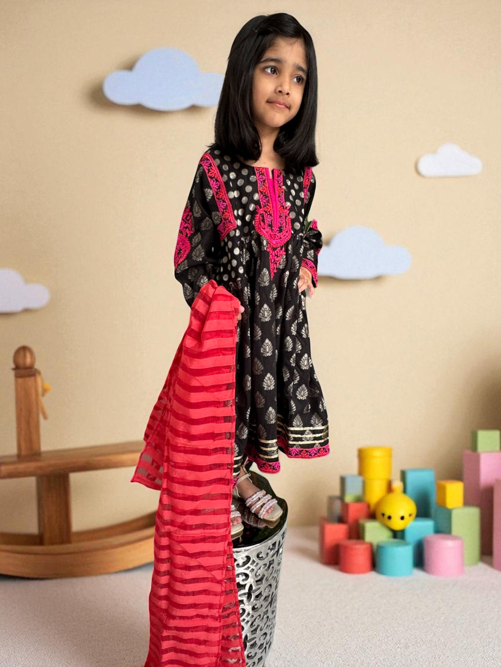 Black Embroidered Shirt with Block Print Tulip Pants | Kids | KZ009