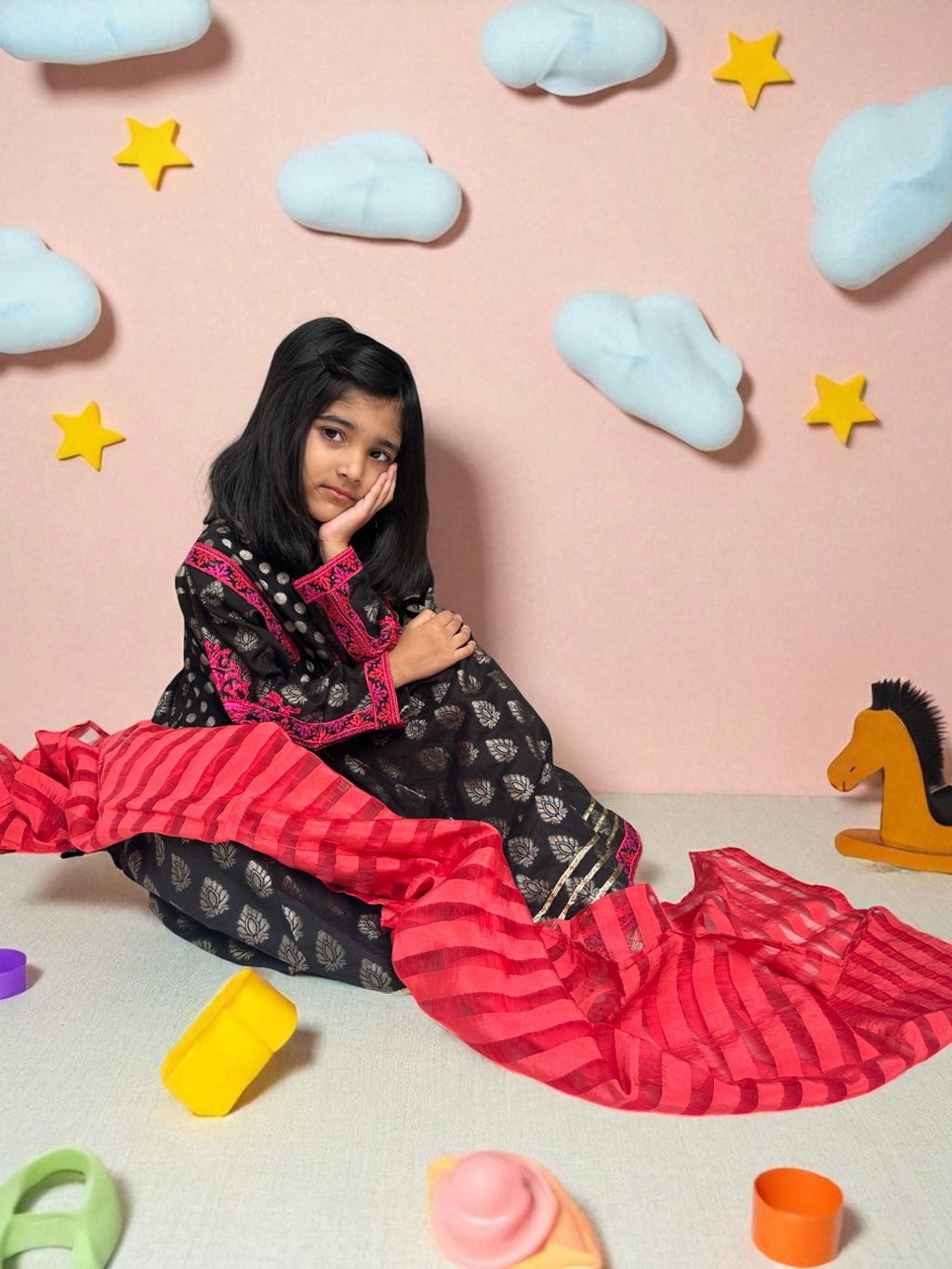 Black Embroidered Shirt with Block Print Tulip Pants | Kids | KZ009