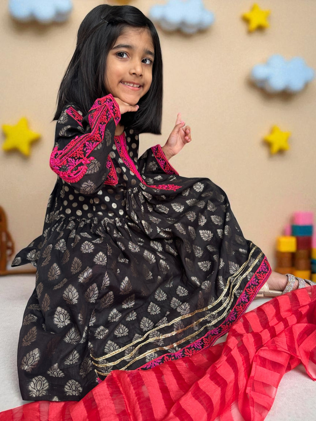 Black Embroidered Shirt with Block Print Tulip Pants | Kids | KZ009