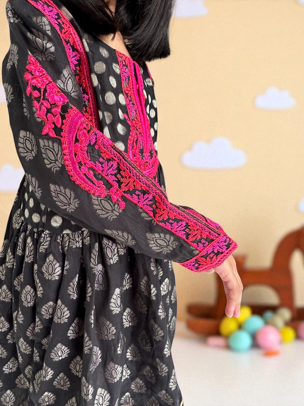 Black Embroidered Shirt with Block Print Tulip Pants | Kids | KZ009