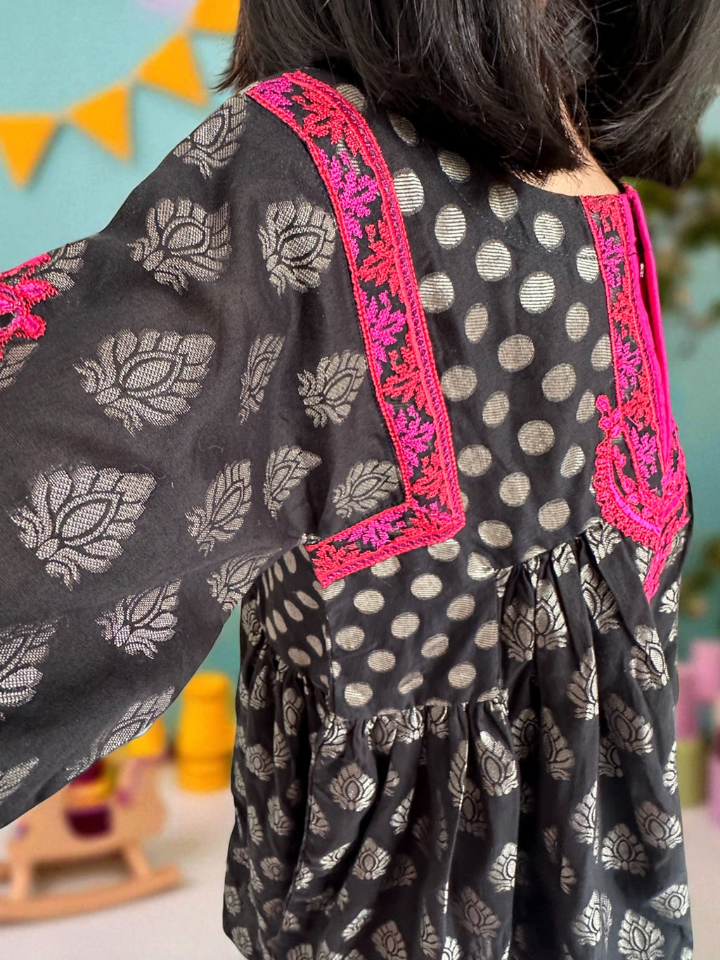 Black Embroidered Shirt with Block Print Tulip Pants | Kids | KZ009