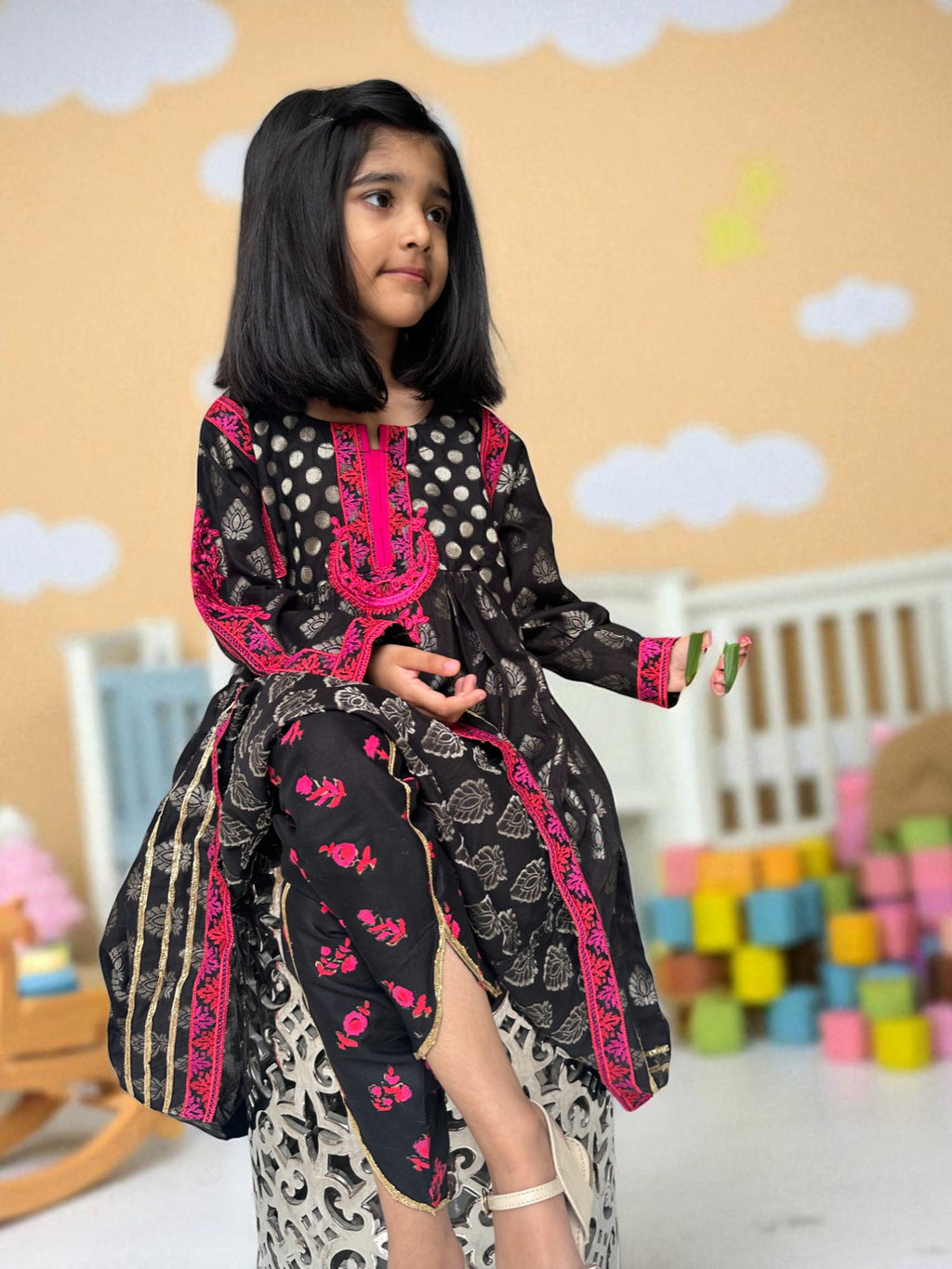 Black Embroidered Shirt with Block Print Tulip Pants | Kids | KZ009
