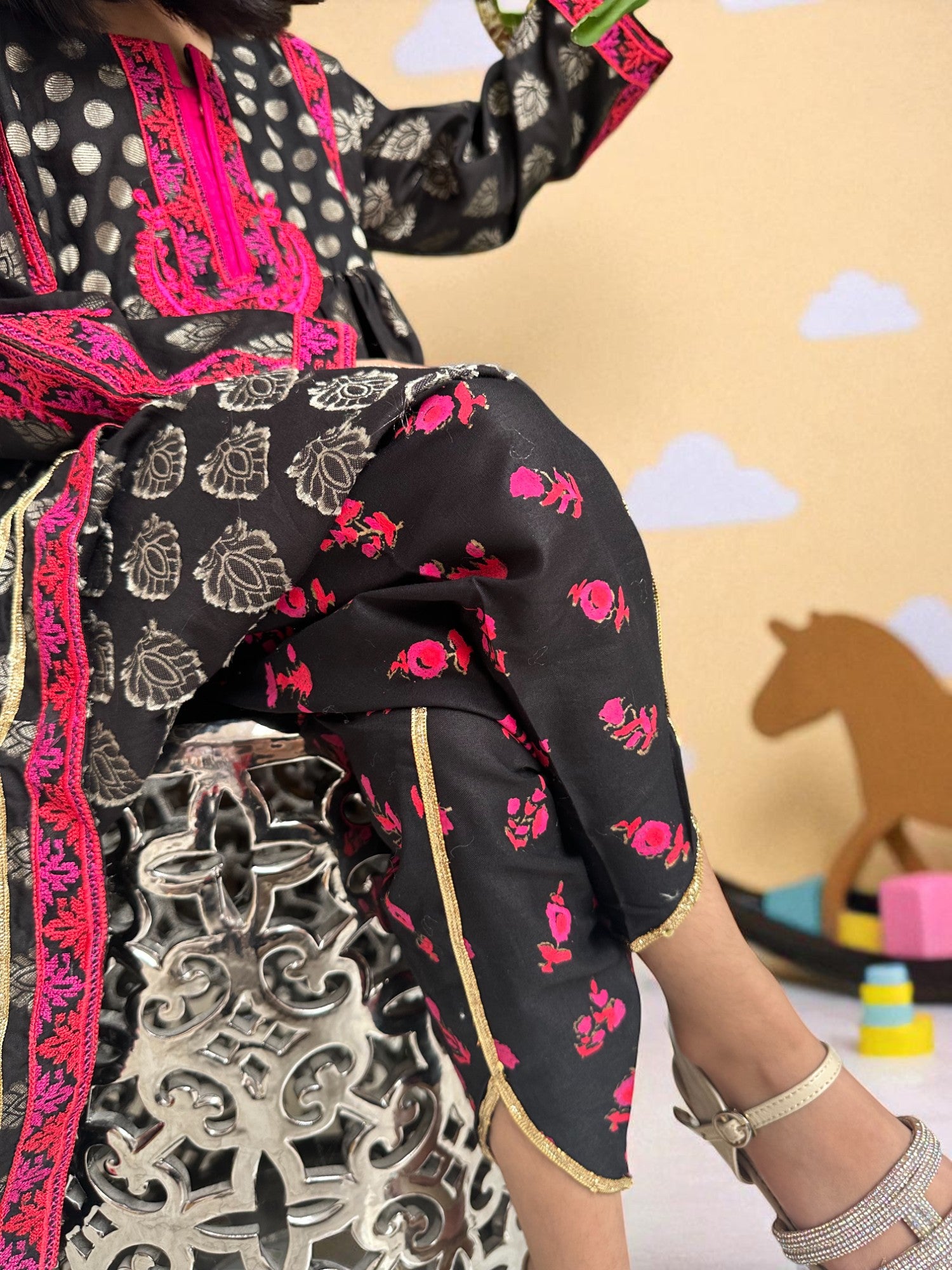 Black Embroidered Shirt with Block Print Tulip Pants | Kids | KZ009