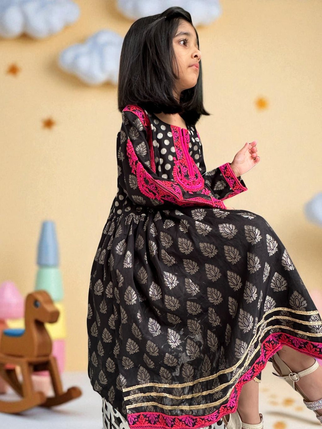 Black Embroidered Shirt with Block Print Tulip Pants | Kids | KZ009