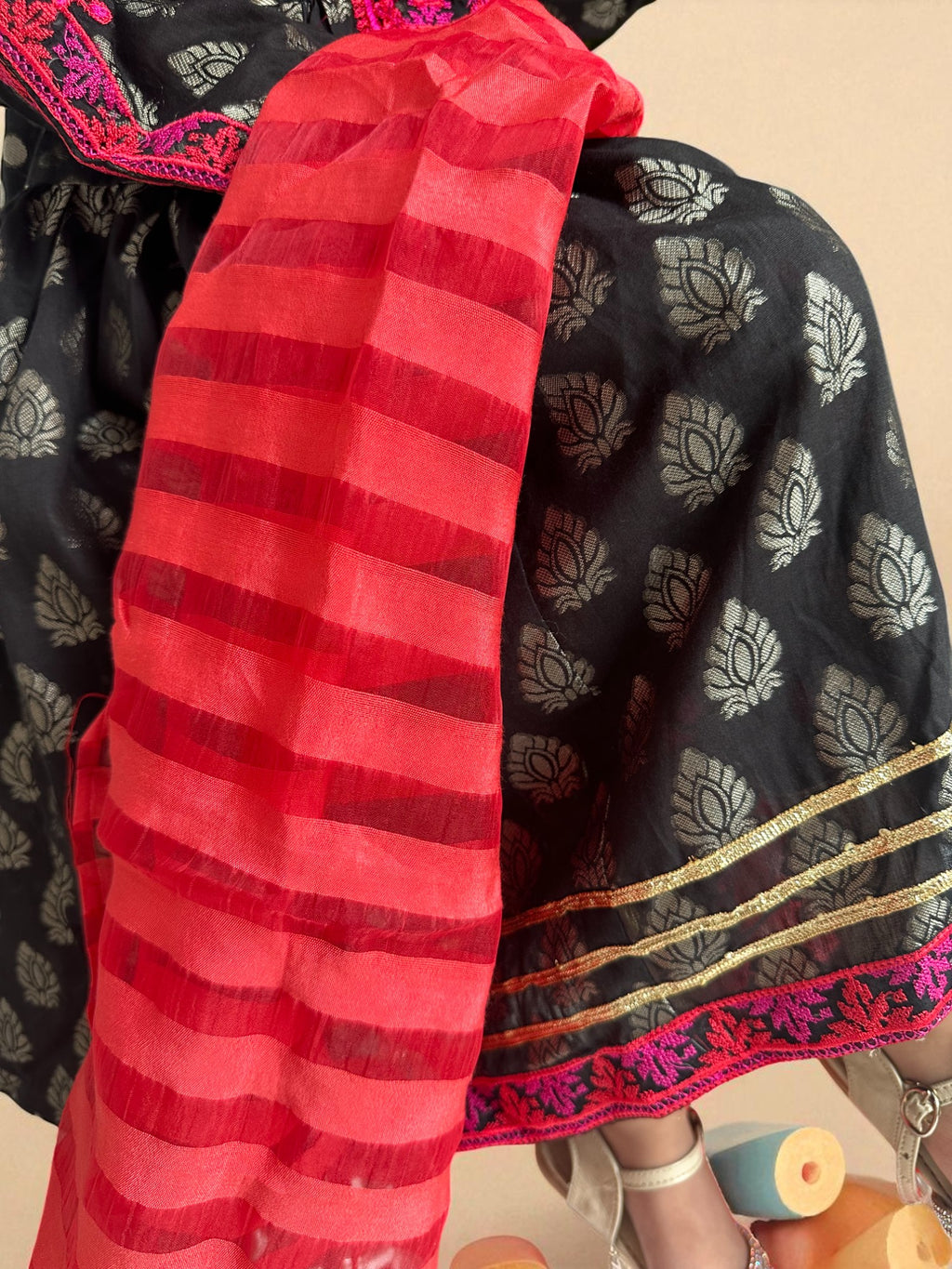 Black Embroidered Shirt with Block Print Tulip Pants | Kids | KZ009