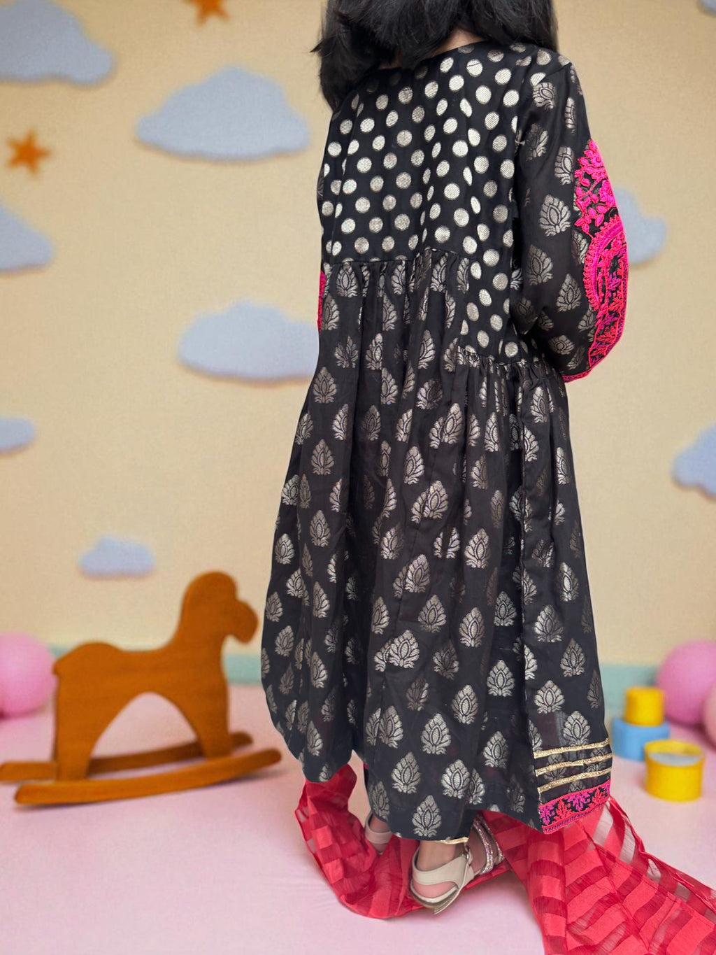 Black Embroidered Shirt with Block Print Tulip Pants | Kids | KZ009