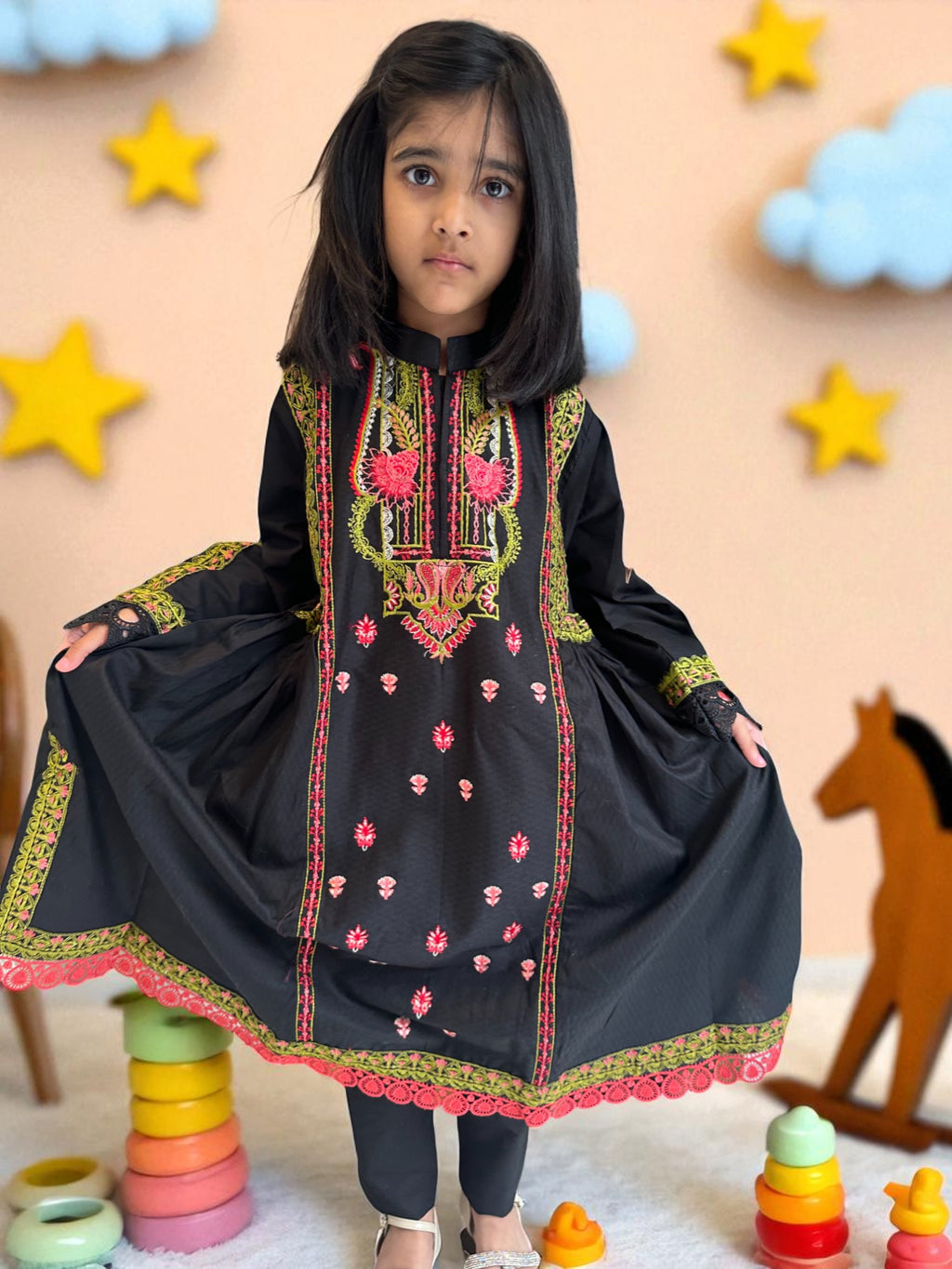 Embroidered Black Frock with Trousers & Dupatta | Kids | KZ010