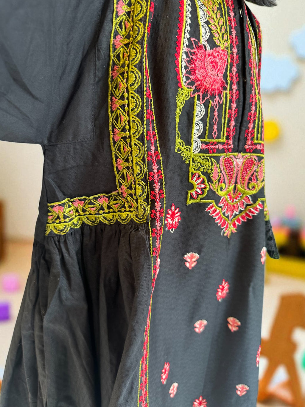 Embroidered Black Frock with Trousers & Dupatta | Kids | KZ010