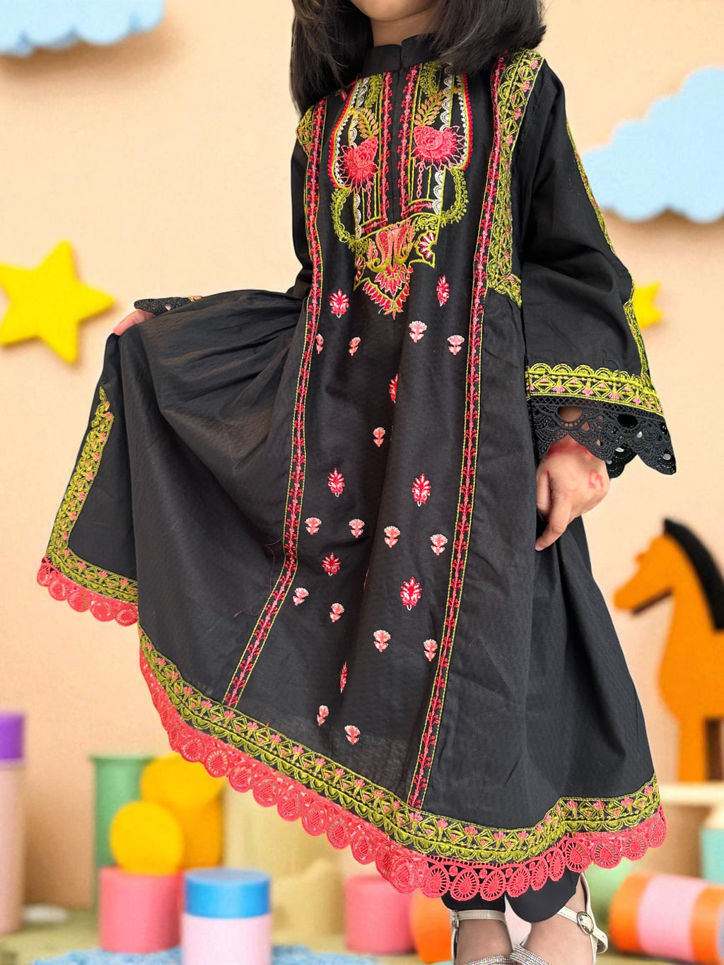 Embroidered Black Frock with Trousers & Dupatta | Kids | KZ010