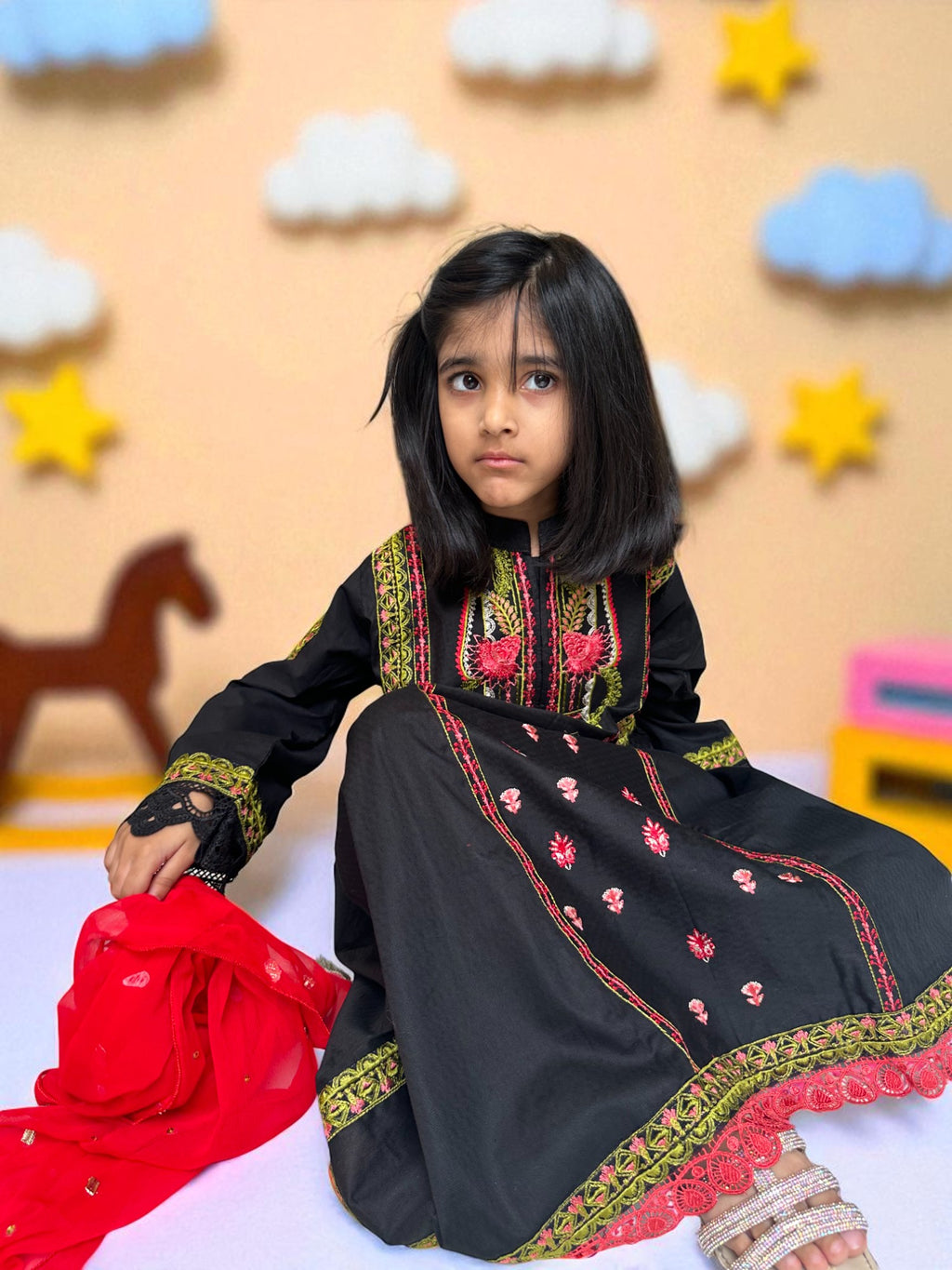 Embroidered Black Frock with Trousers & Dupatta | Kids | KZ010