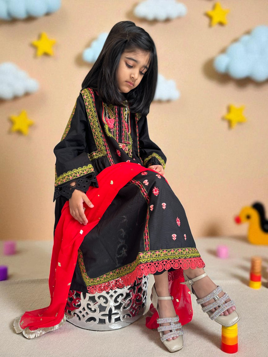 Embroidered Black Frock with Trousers & Dupatta | Kids | KZ010