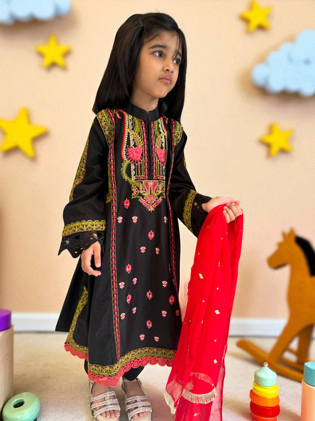 Embroidered Black Frock with Trousers & Dupatta | Kids | KZ010