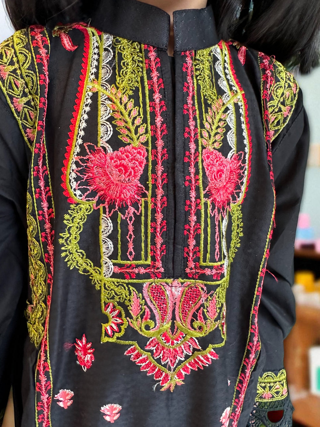 Embroidered Black Frock with Trousers & Dupatta | Kids | KZ010