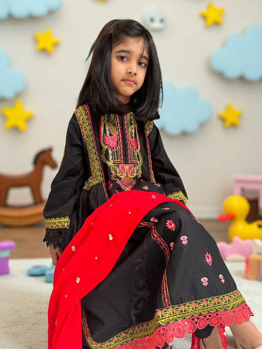 Embroidered Black Frock with Trousers & Dupatta | Kids | KZ010