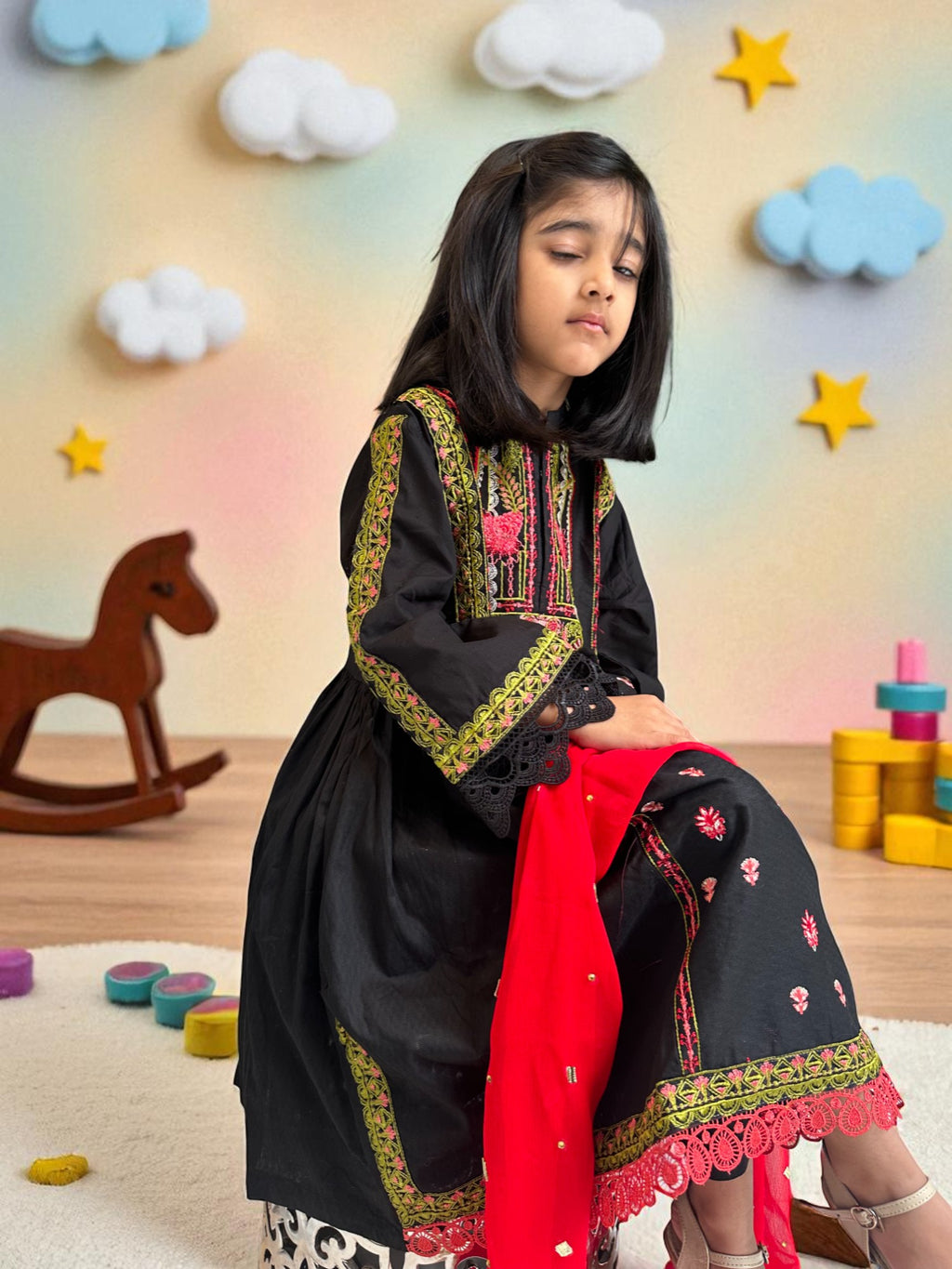 Embroidered Black Frock with Trousers & Dupatta | Kids | KZ010
