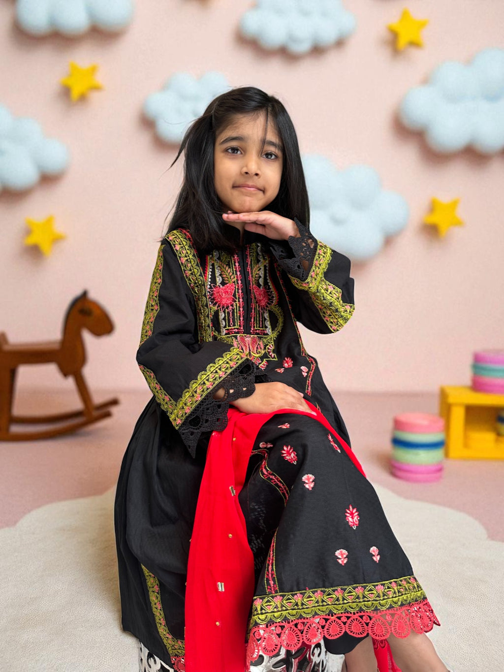 Embroidered Black Frock with Trousers & Dupatta | Kids | KZ010