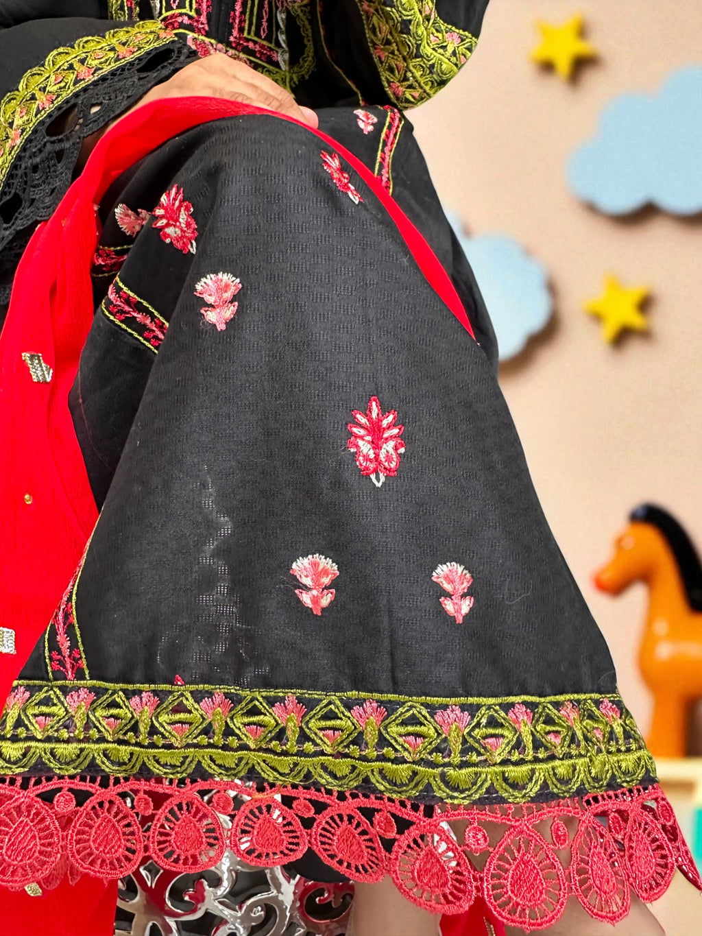 Embroidered Black Frock with Trousers & Dupatta | Kids | KZ010
