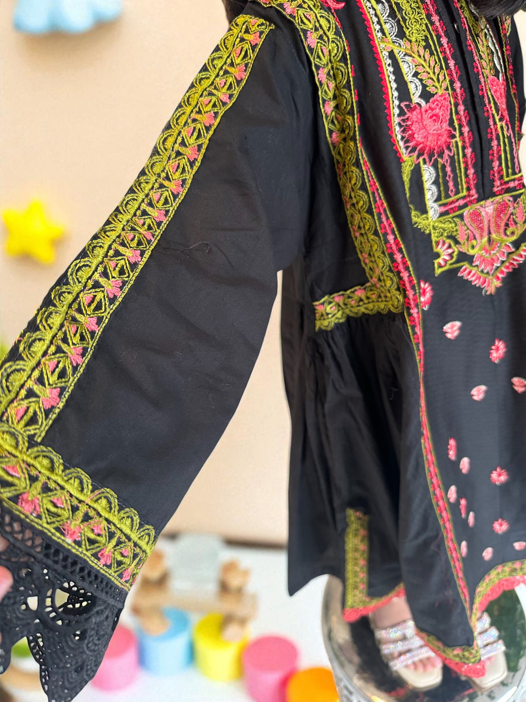 Embroidered Black Frock with Trousers & Dupatta | Kids | KZ010