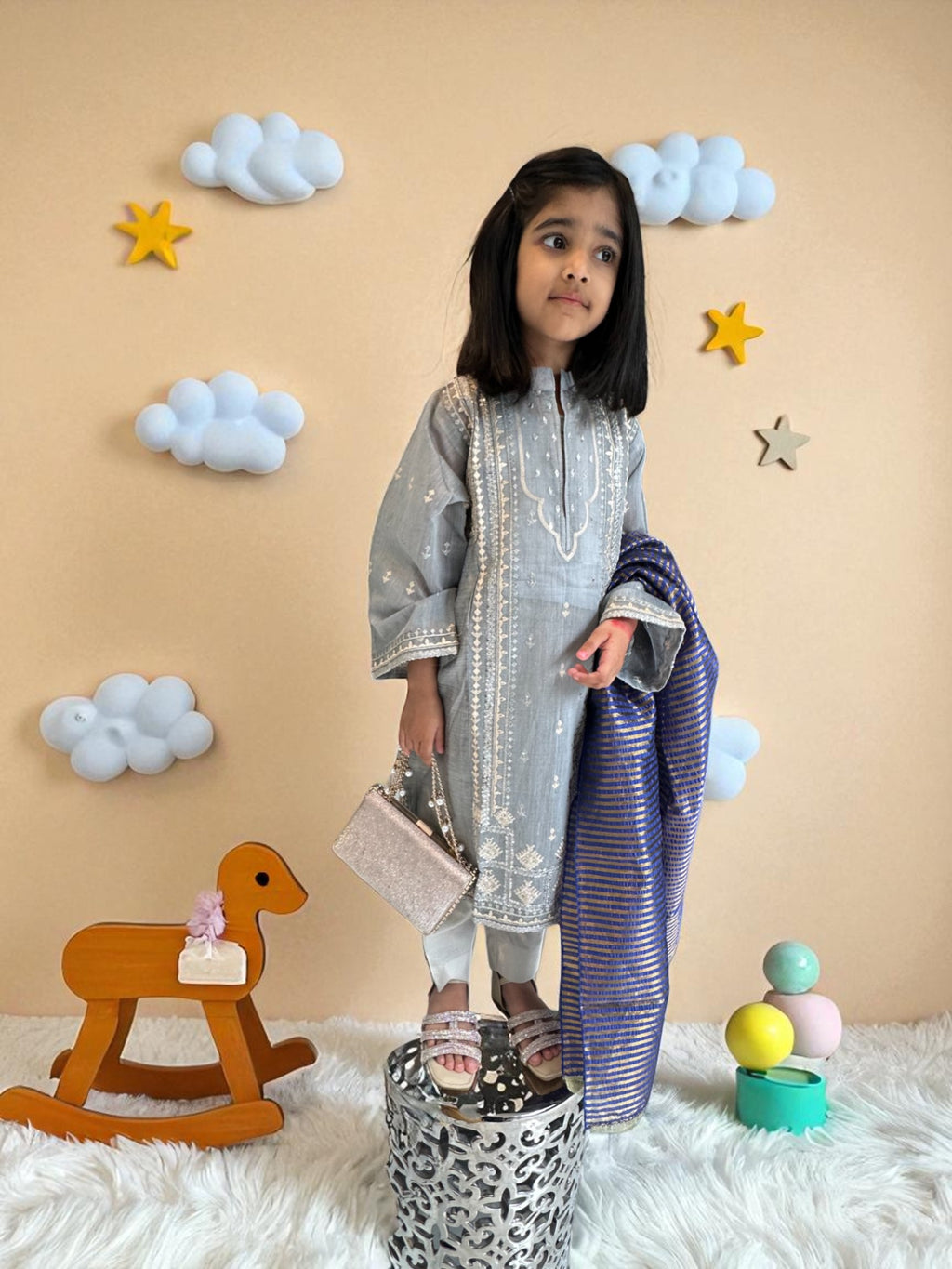 Silver Embroidered Straight Kameez 3 Piece Outfit | Kids | KZ012