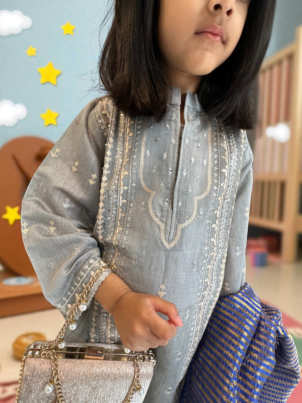 Silver Embroidered Straight Kameez 3 Piece Outfit | Kids | KZ012