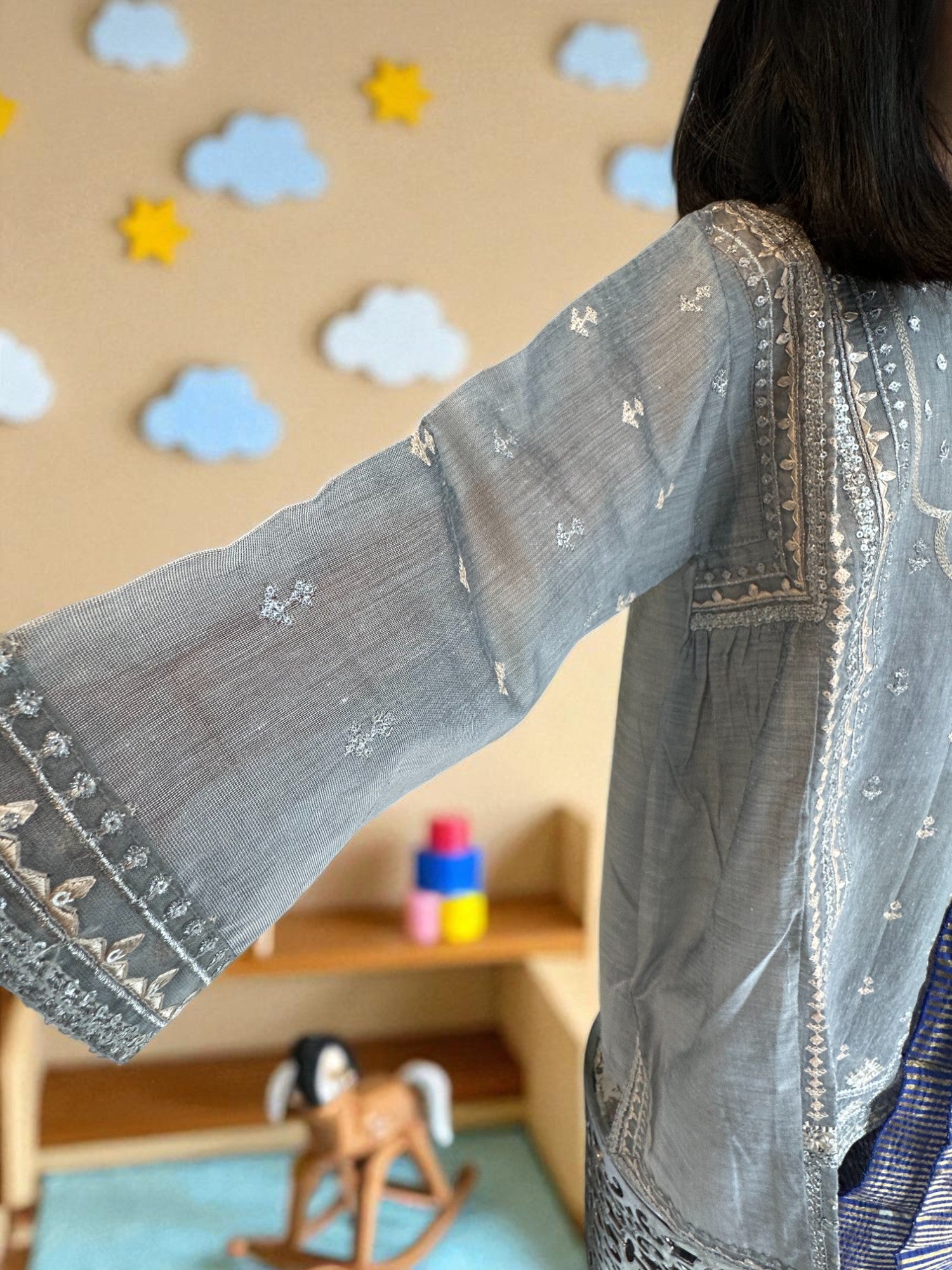 Silver Embroidered Straight Kameez 3 Piece Outfit | Kids | KZ012