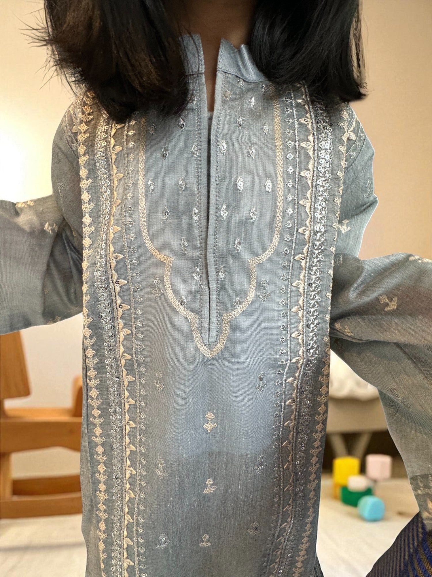 Silver Embroidered Straight Kameez 3 Piece Outfit | Kids | KZ012