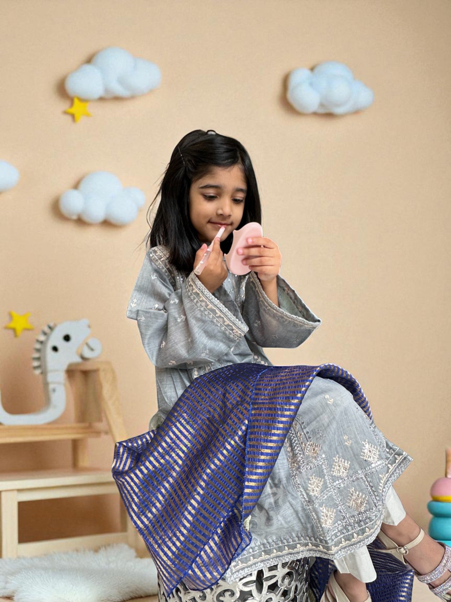 Silver Embroidered Straight Kameez 3 Piece Outfit | Kids | KZ012