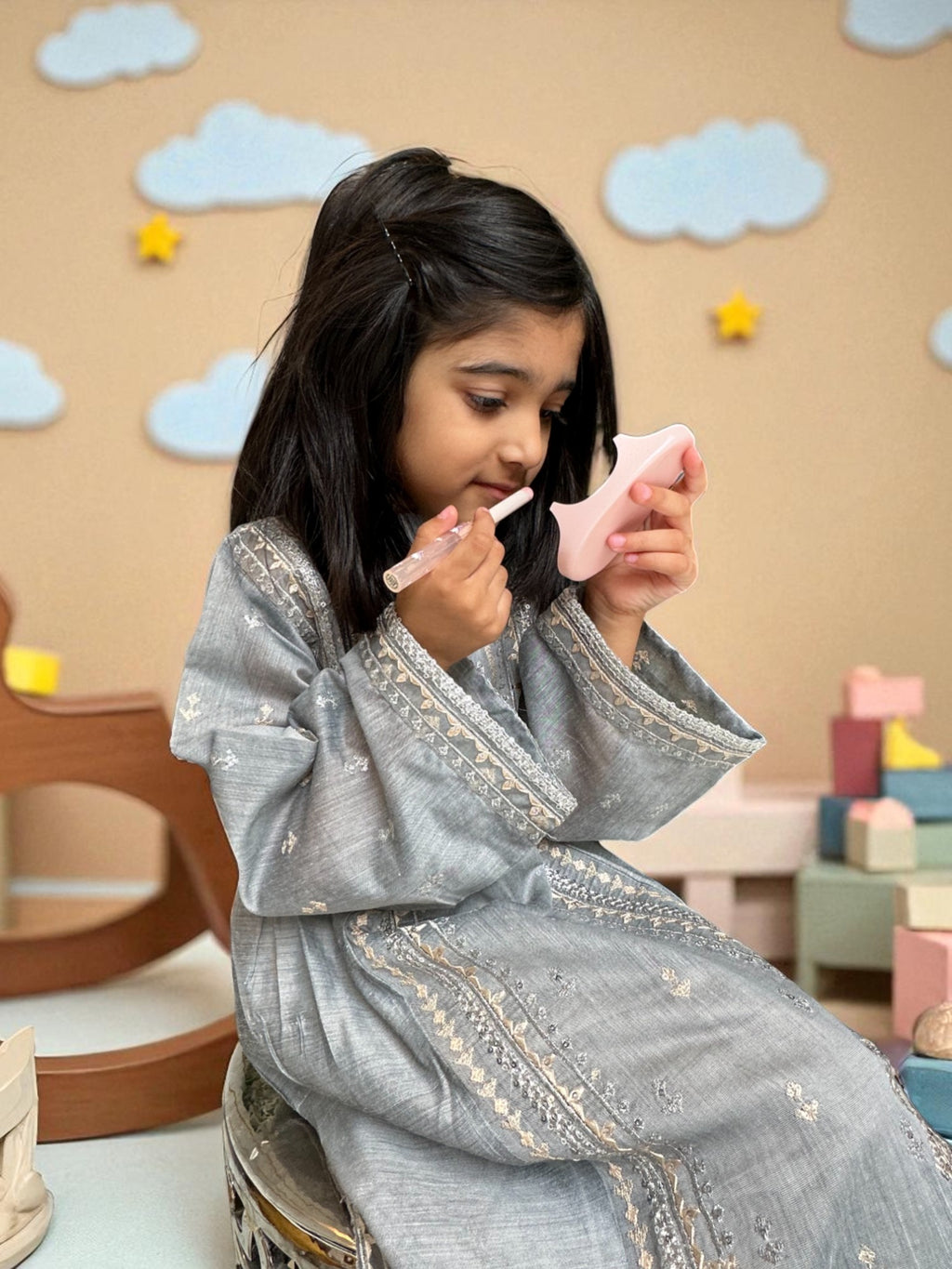 Silver Embroidered Straight Kameez 3 Piece Outfit | Kids | KZ012