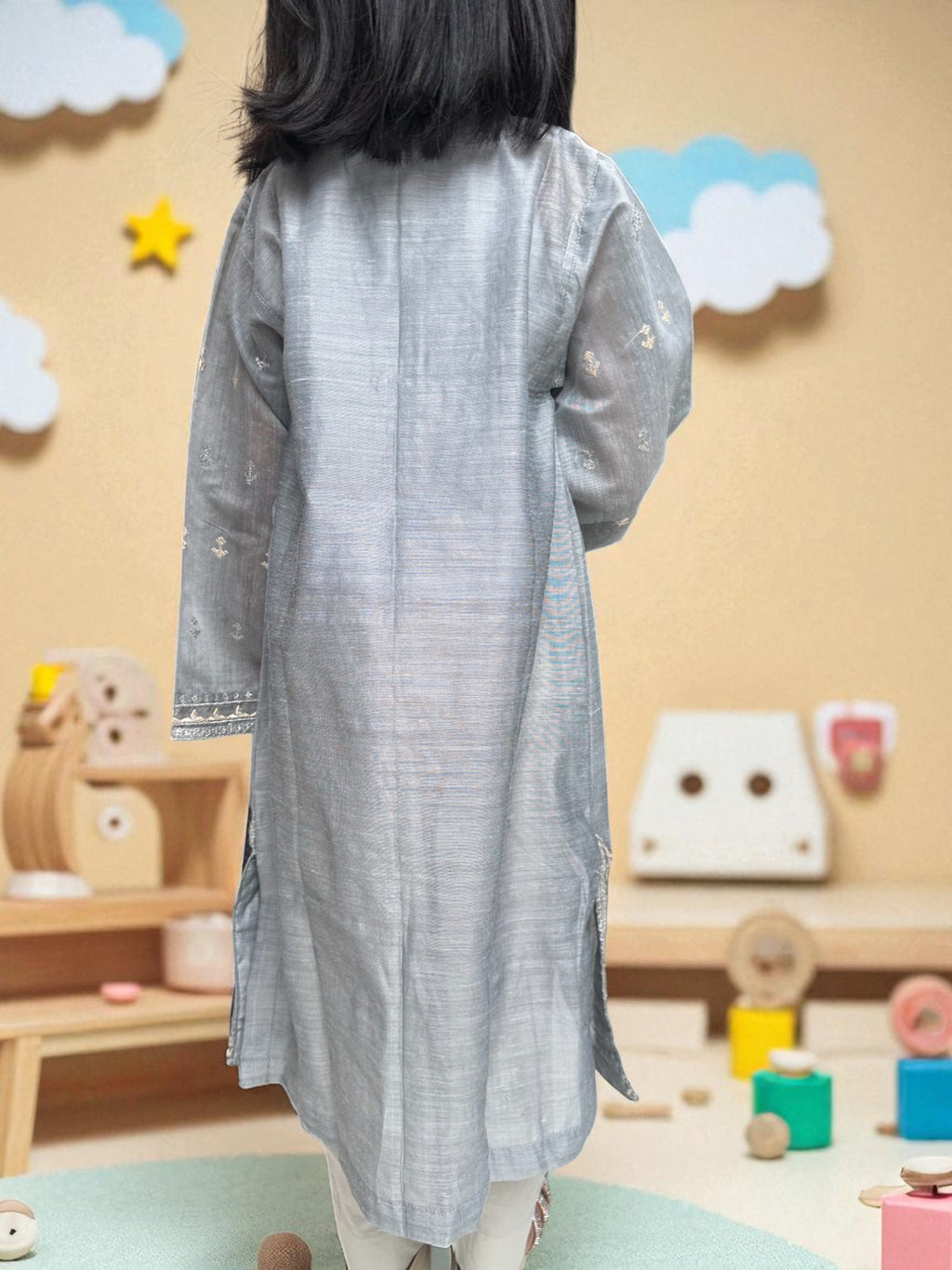 Silver Embroidered Straight Kameez 3 Piece Outfit | Kids | KZ012