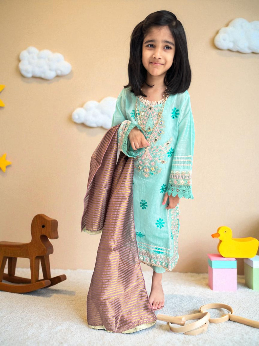Mint Embroidered Shirt with Woven Dupatta | Kids | KZ014